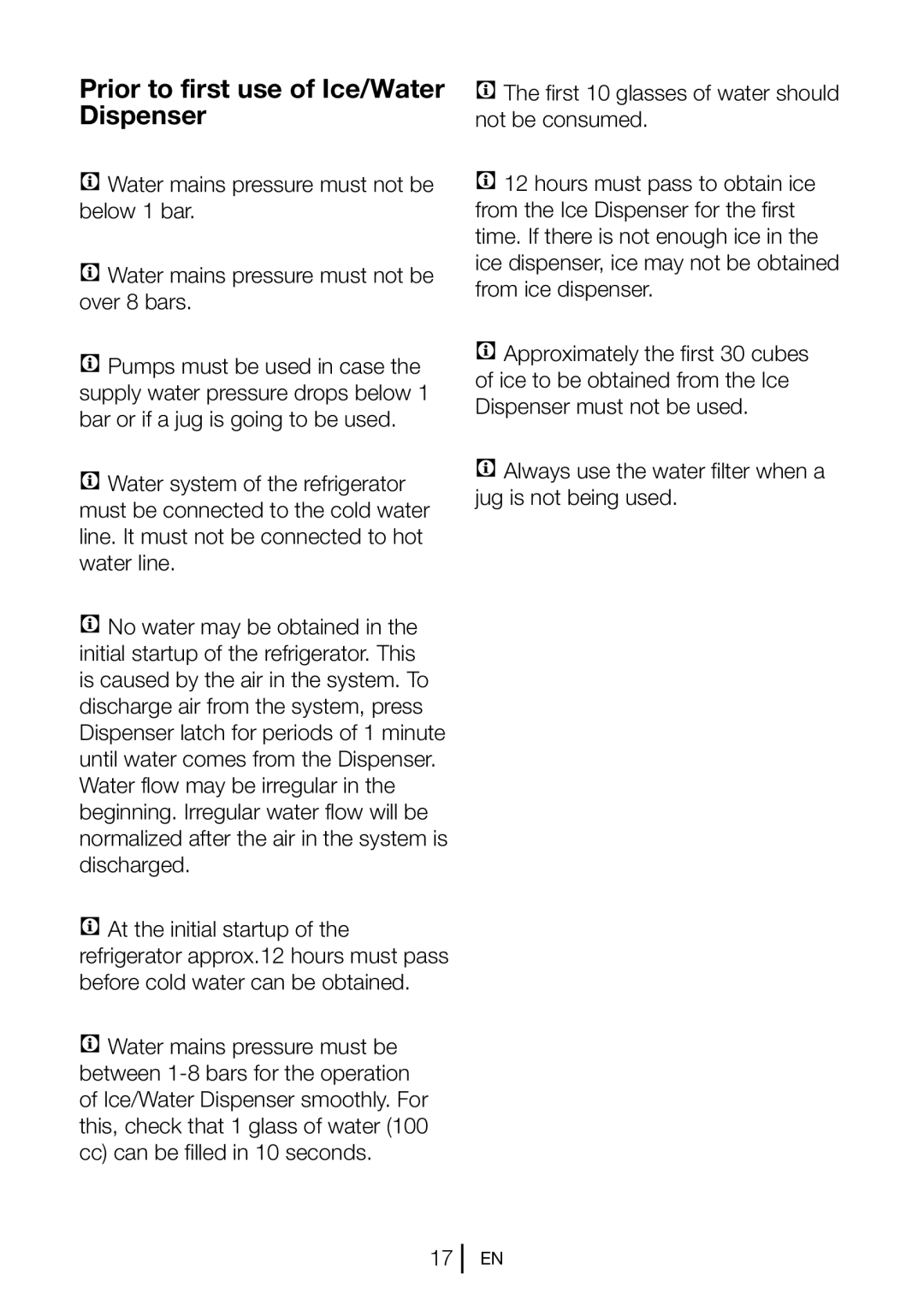 Beko gne v320 s manual Prior to first use of Ice/Water Dispenser 