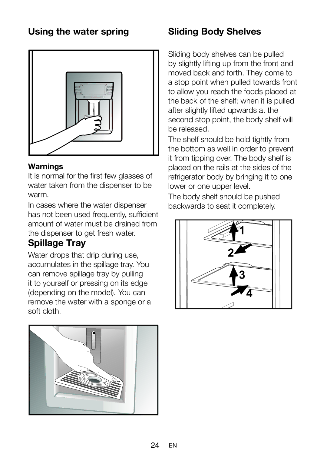 Beko GNE V322 X manual Using the water spring, Spillage Tray 