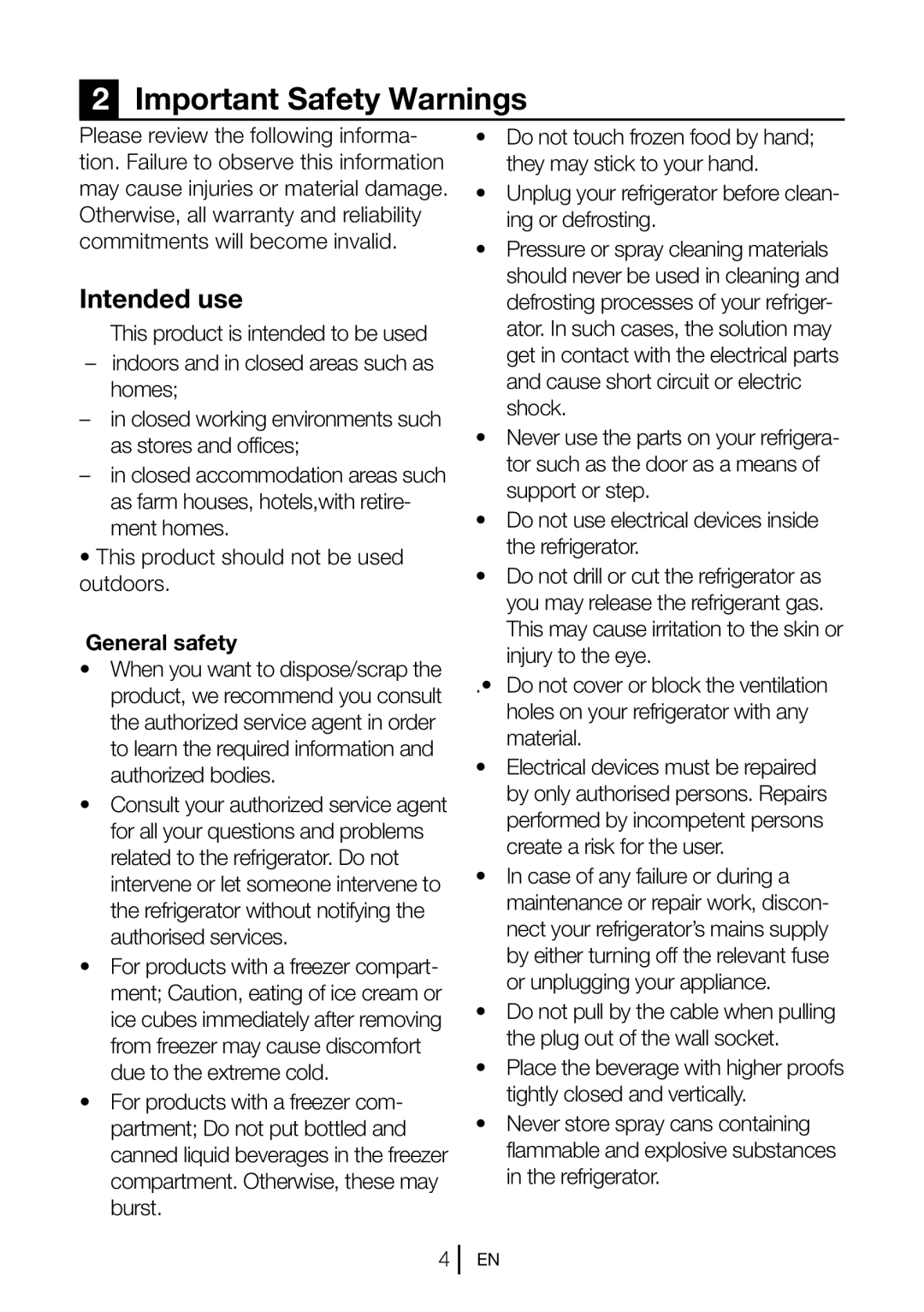 Beko GNE V322 X manual Important Safety Warnings, Intended use, General safety 