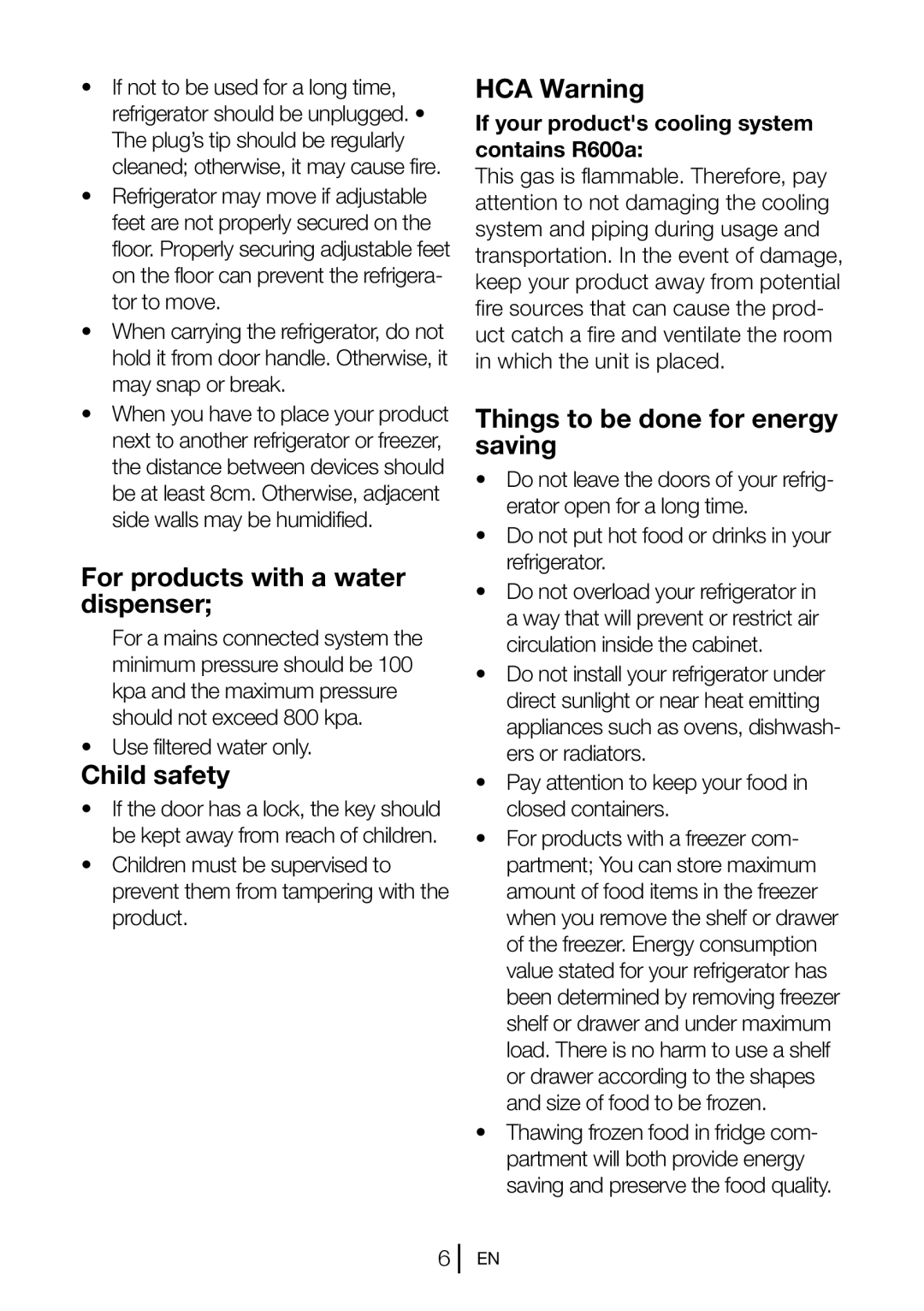 Beko GNE V322 X manual For products with a water dispenser, Child safety, HCA Warning, Things to be done for energy saving 