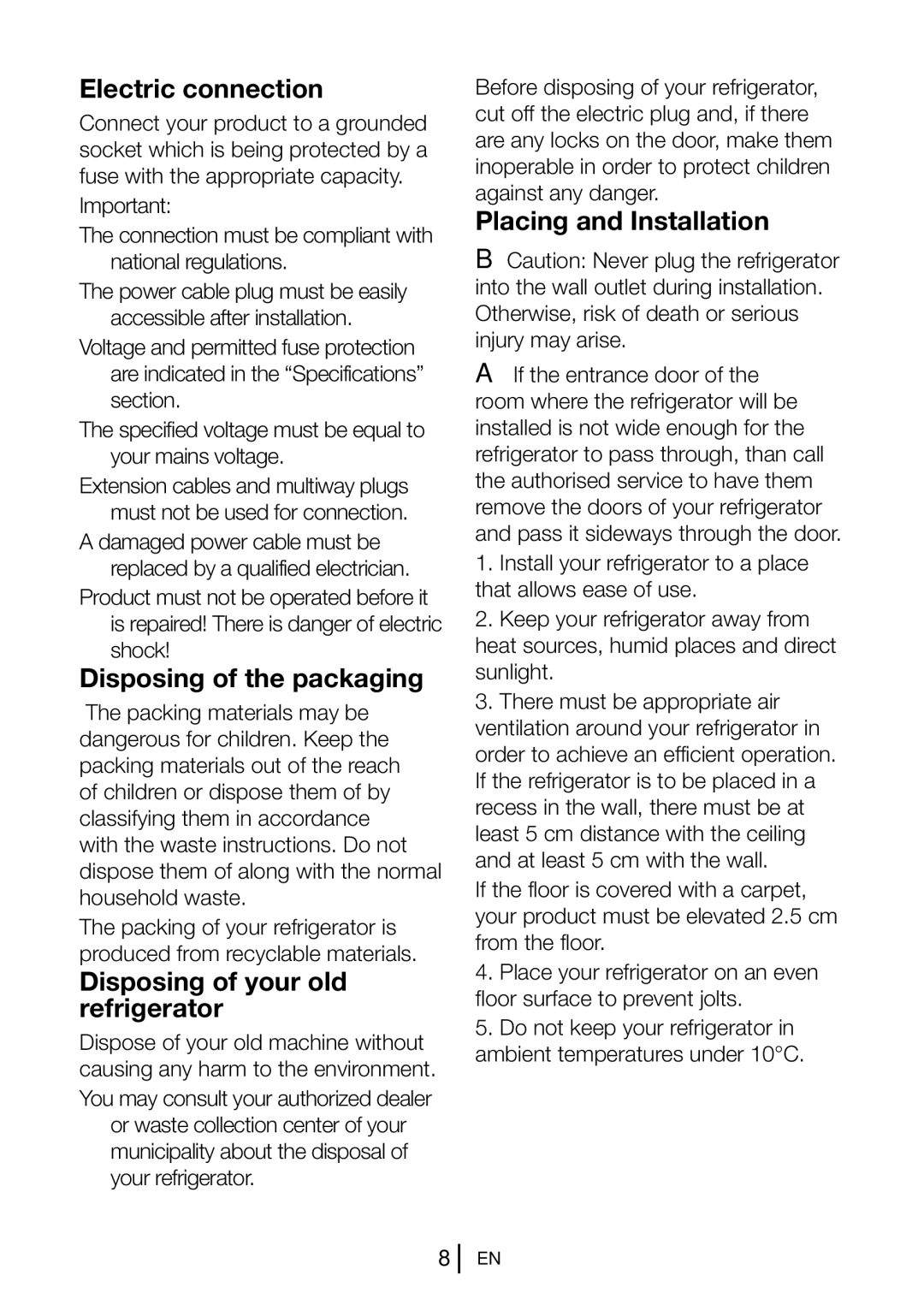 Beko GNE V322 X manual Electric connection, Disposing of the packaging, Disposing of your old refrigerator 