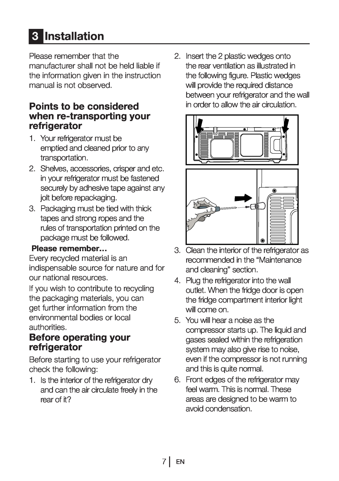 Beko GNE V322 X manual Installation, Points to be considered when re-transporting your refrigerator 