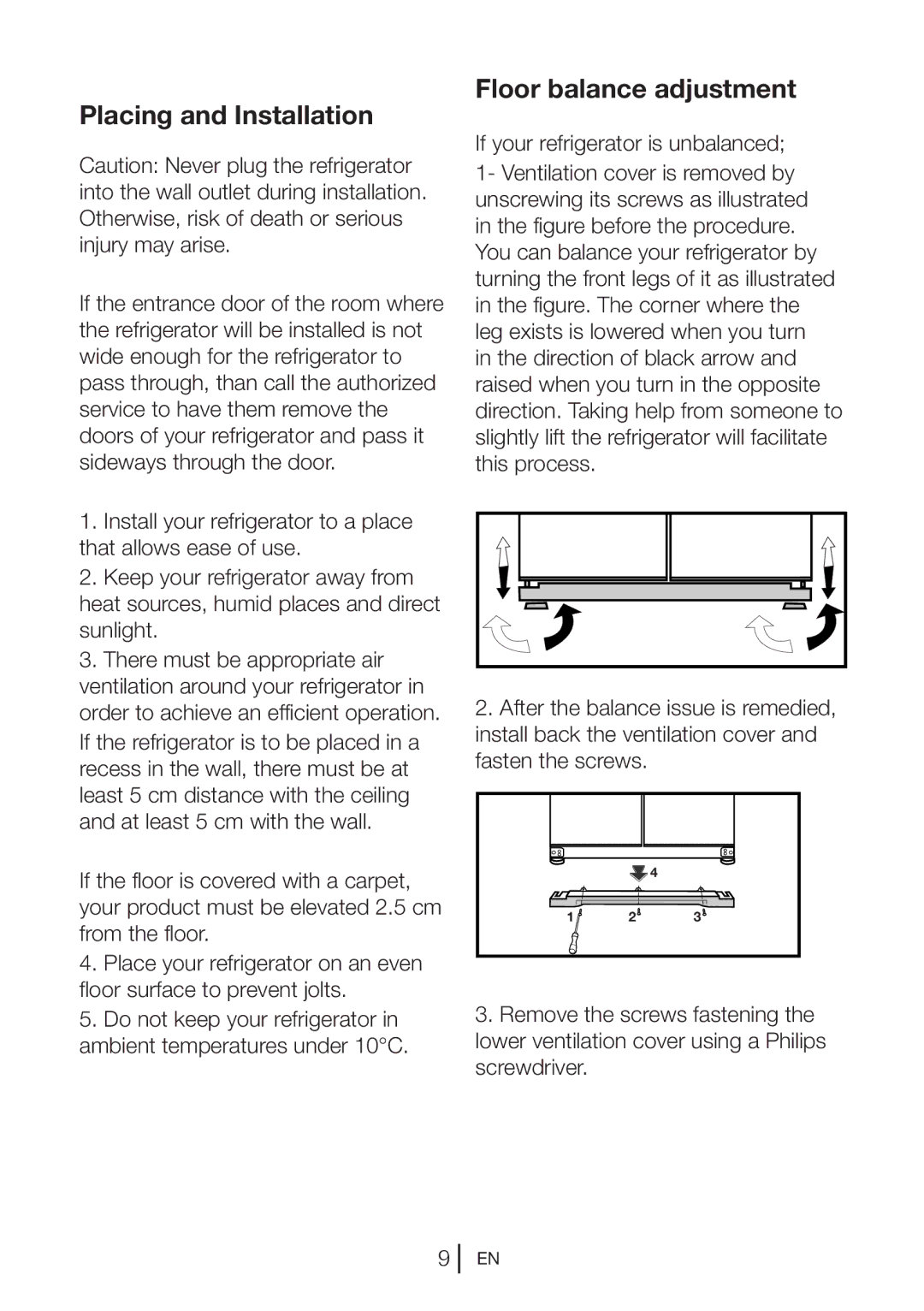 Beko GNE114610APX manual Placing and Installation, Floor balance adjustment 