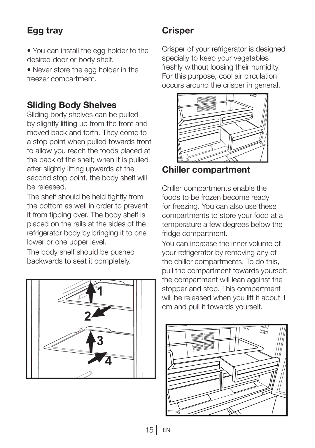 Beko GNE114610APX manual Egg tray, Crisper, Sliding Body Shelves, Chiller compartment 