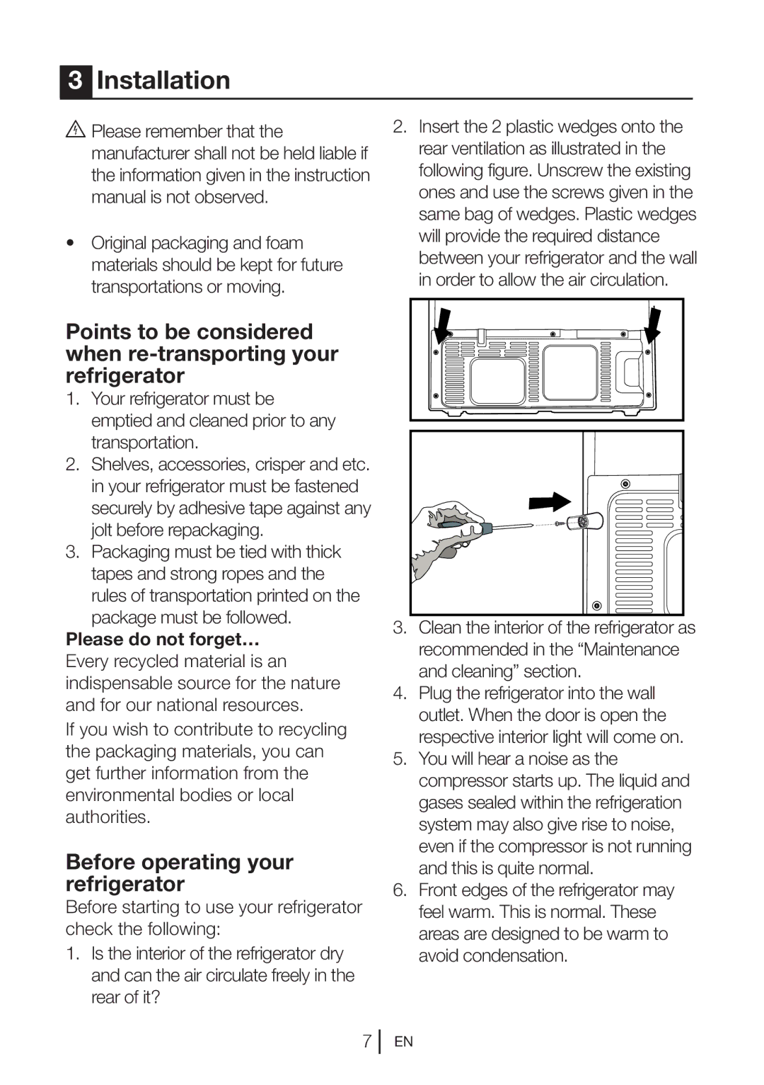 Beko GNE114610APX manual Installation, Before operating your refrigerator 