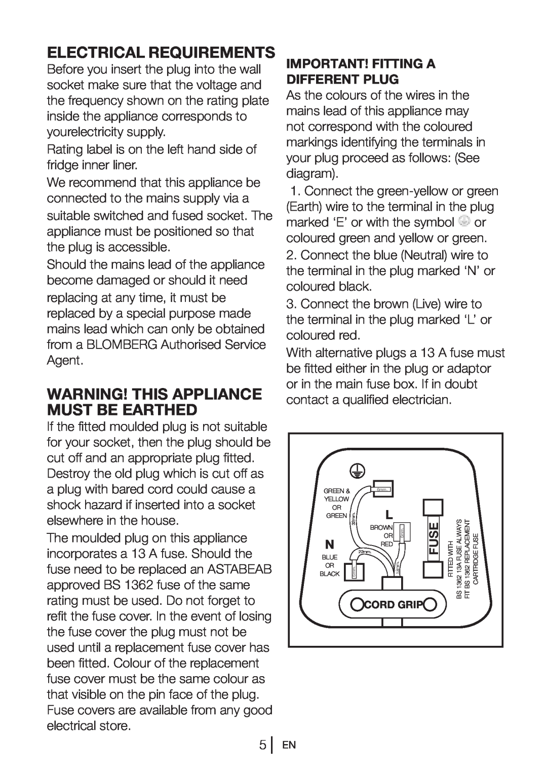 Beko GNE114610APX Electrical Requirements, Warning! This Appliance Must Be Earthed, Important! Fitting A Different Plug 
