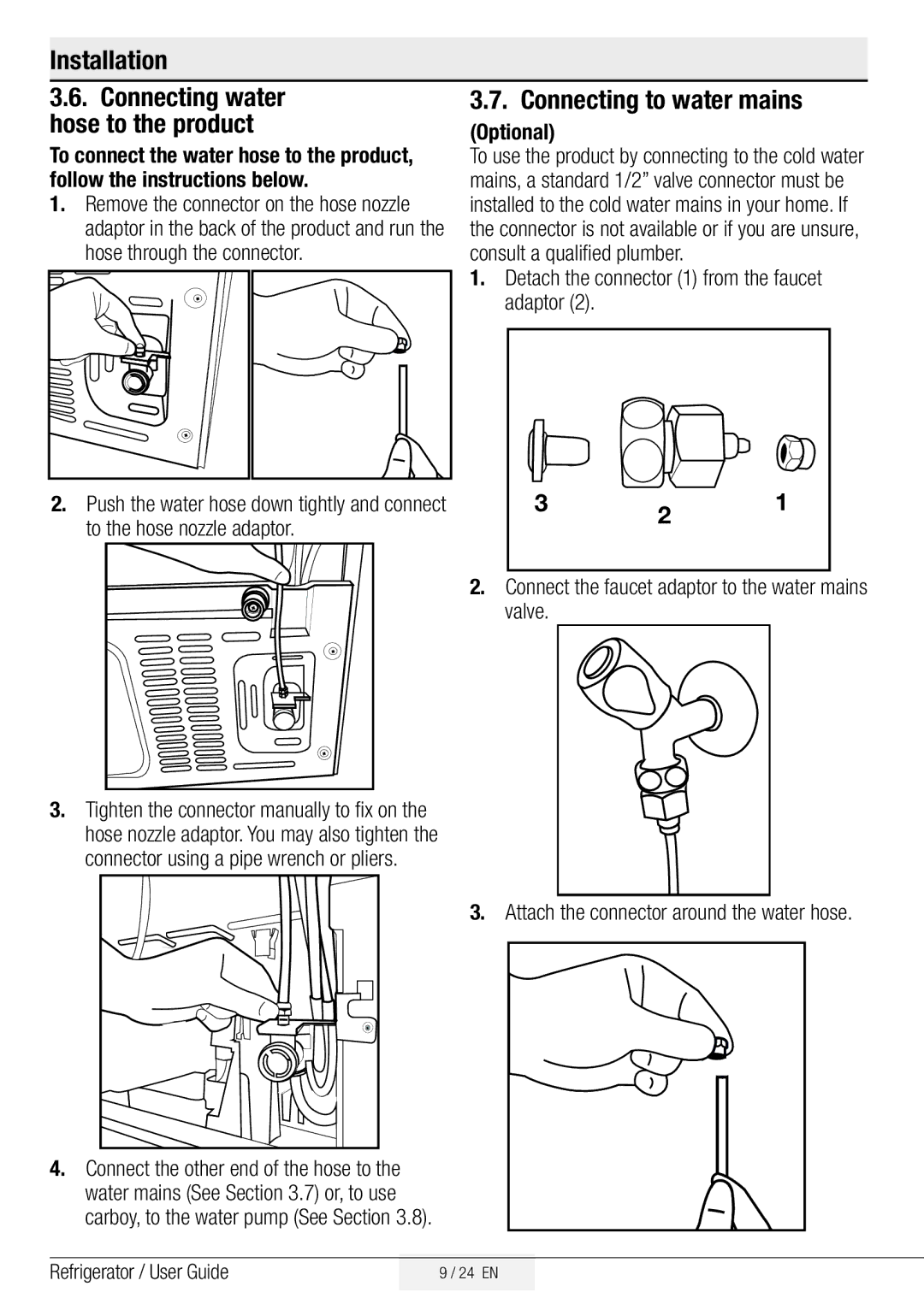 Beko GNE134750X manual Installation, Connecting to water mains, Connecting water hose to the product 