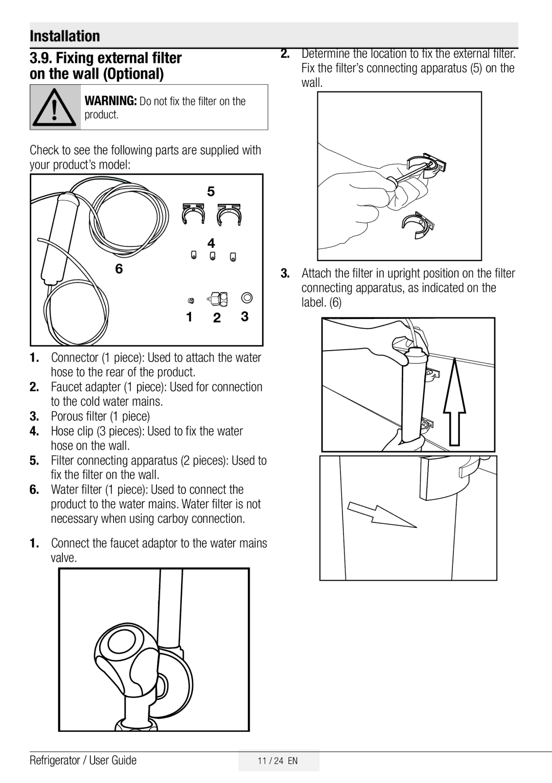 Beko GNE134750X manual Fixing external filter on the wall Optional, Awarning Do not fix the filter on the product 