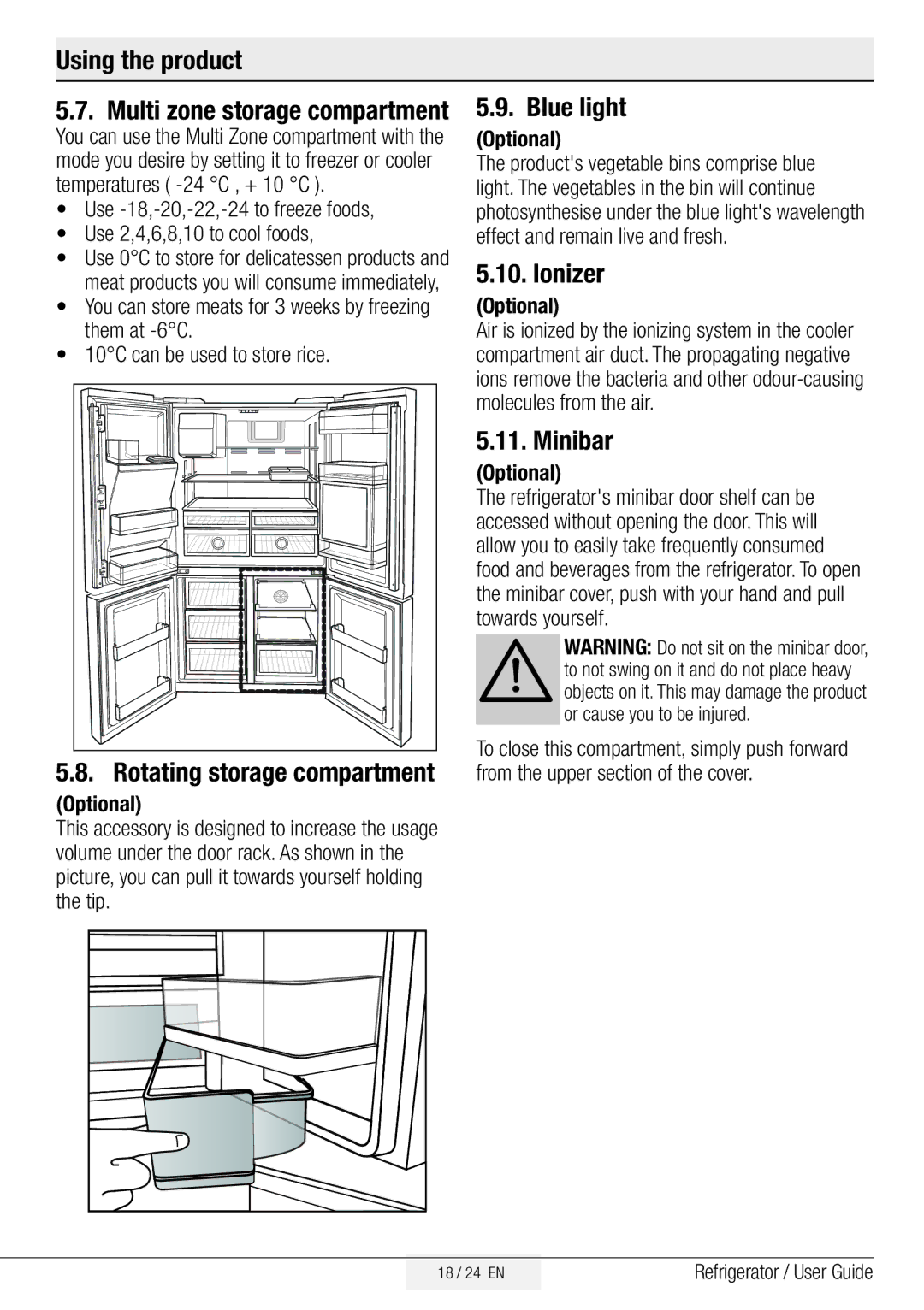Beko GNE134750X manual Using the product Multi zone storage compartment, Blue light, Ionizer, Minibar 