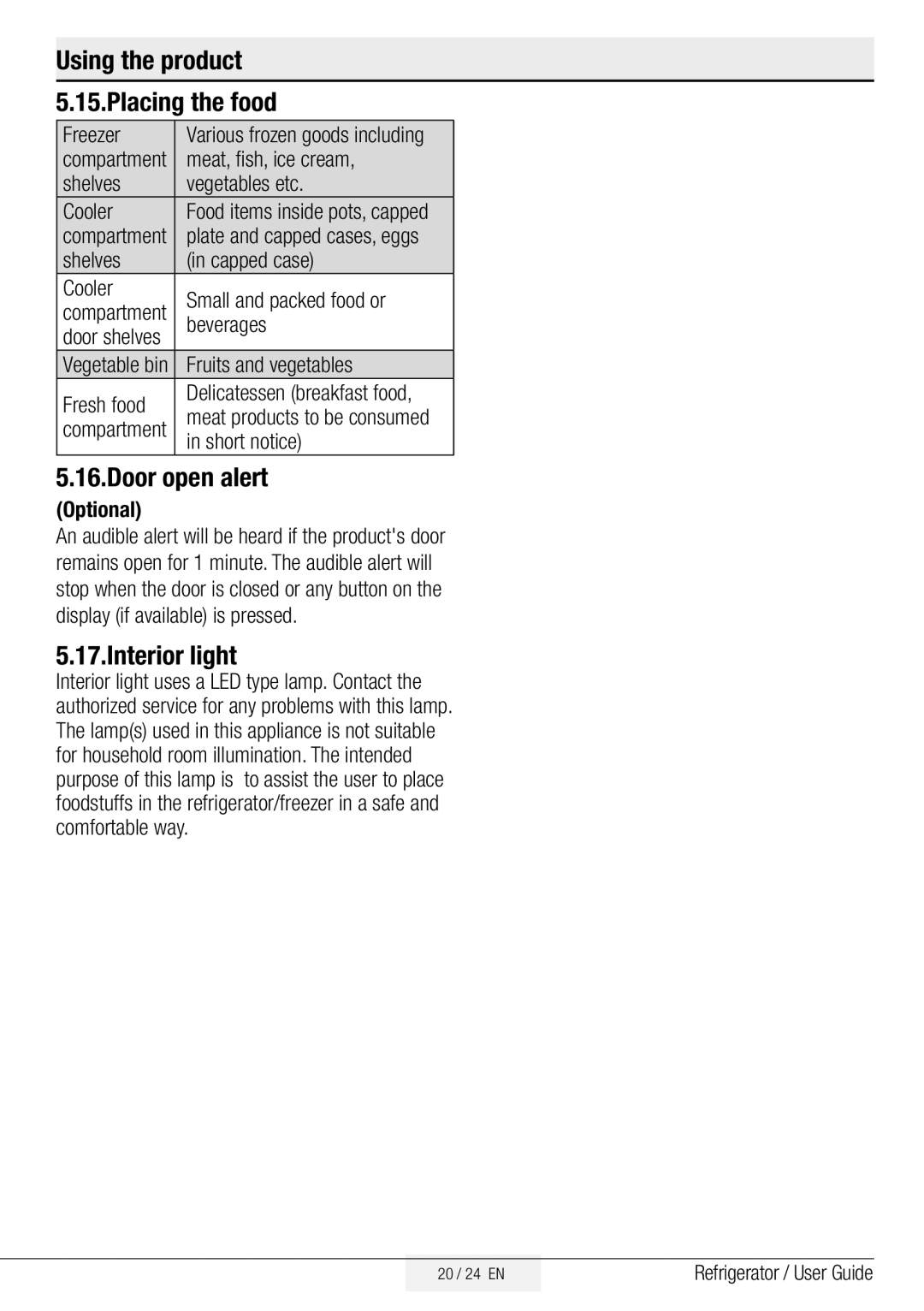 Beko GNE134750X manual Door open alert, Interior light, Using the product 5.15.Placing the food 