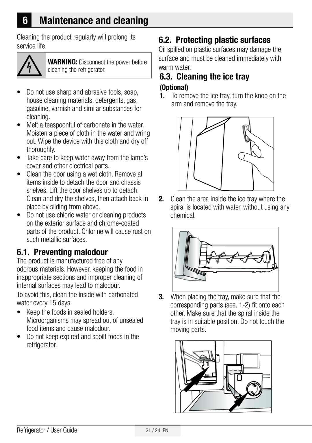 Beko GNE134750X manual Maintenance and cleaning, Preventing malodour, Protecting plastic surfaces, Cleaning the ice tray 