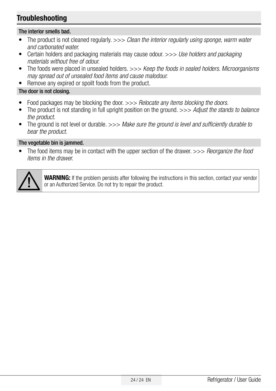 Beko GNE134750X manual Remove any expired or spoilt foods from the product, Interior smells bad, Door is not closing 