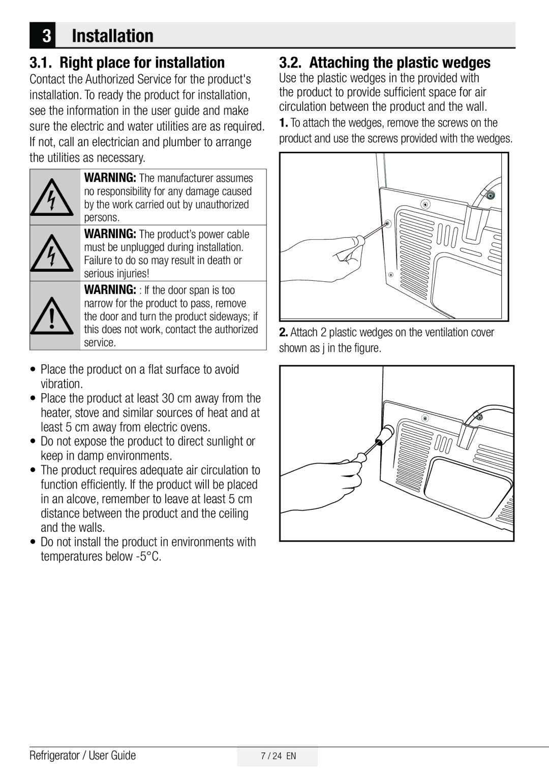 Beko GNE134750X manual Installation, Right place for installation, Attaching the plastic wedges 