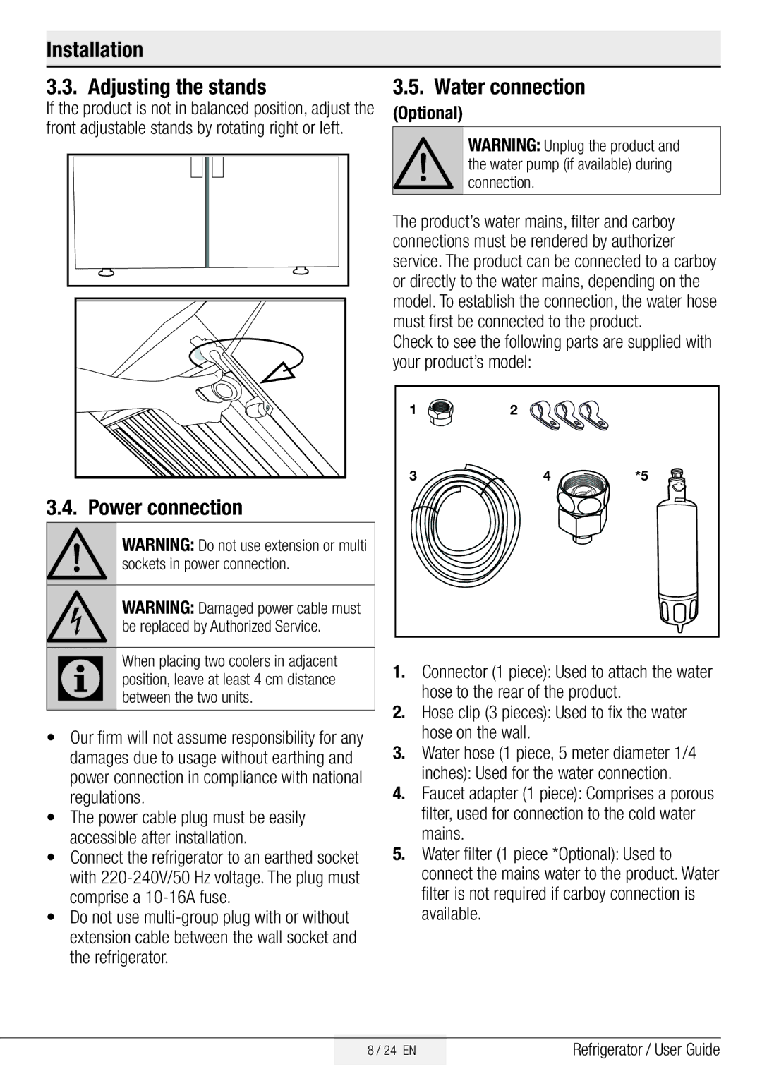 Beko GNE134750X manual Installation Adjusting the stands, Water connection, Power connection, Optional 