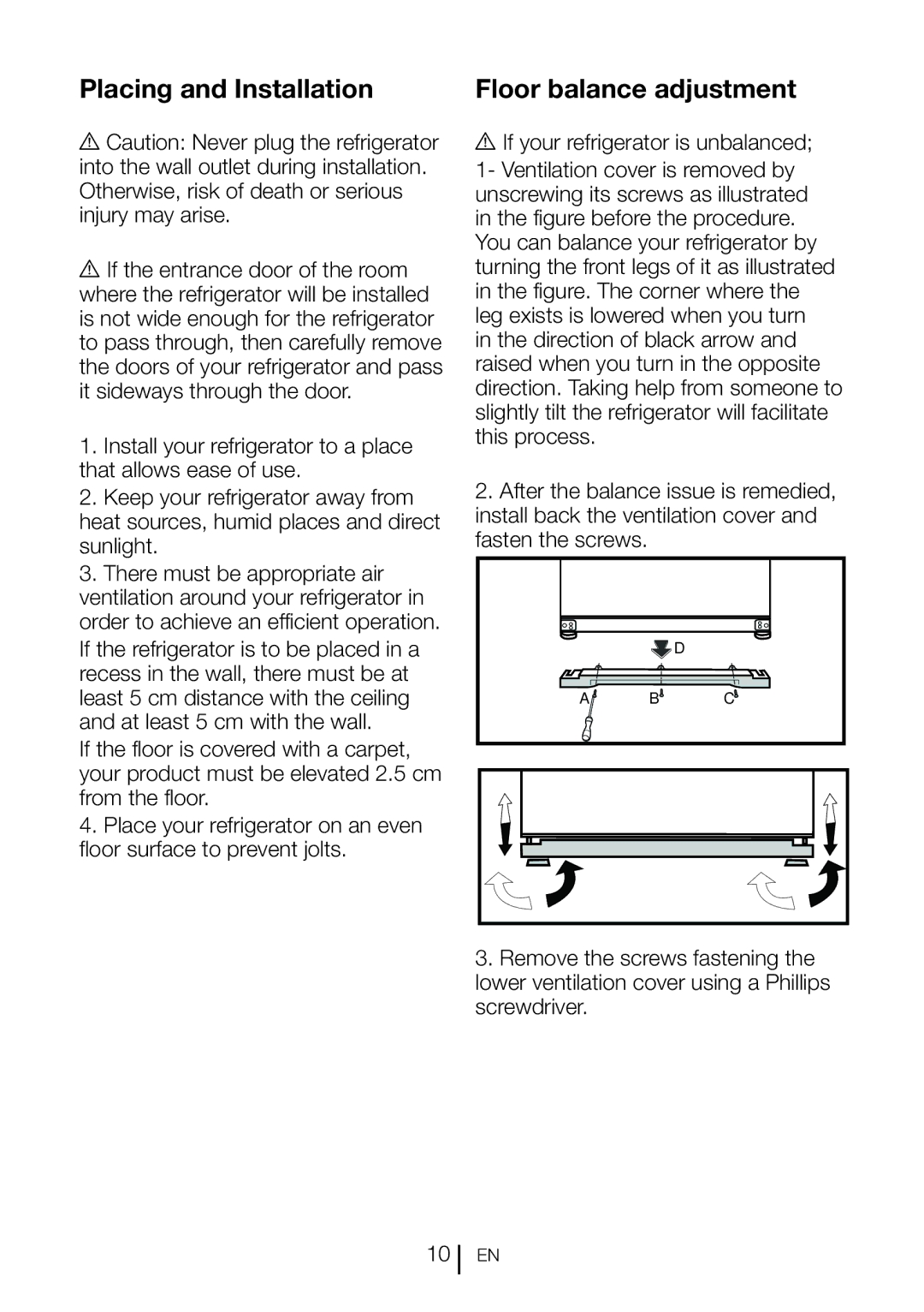 Beko GNE60020X manual Placing and Installation, Floor balance adjustment 