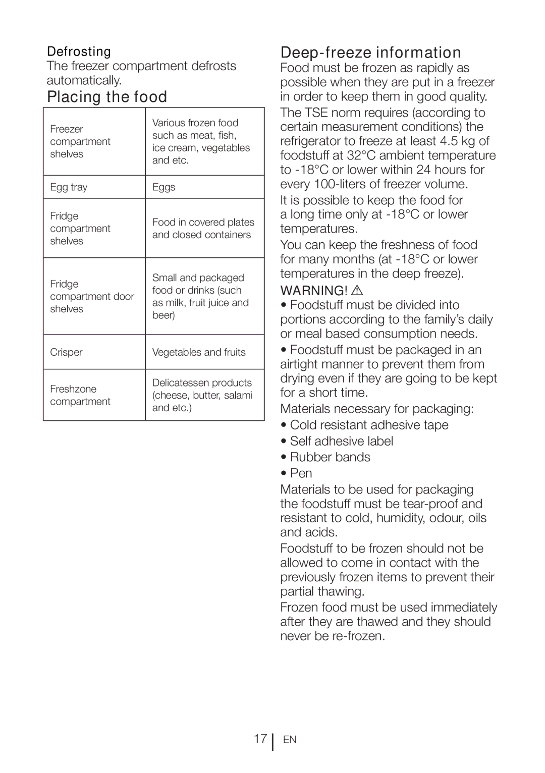 Beko GNE60020X manual Placing the food, Deep-freeze information 