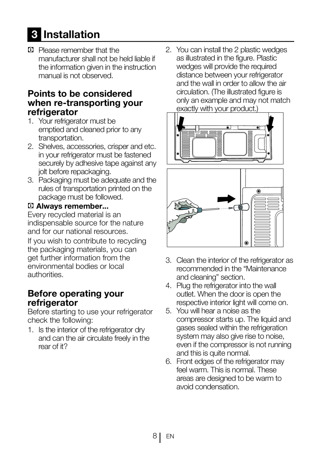 Beko GNE60020X manual Installation, Points to be considered when re-transporting your refrigerator 