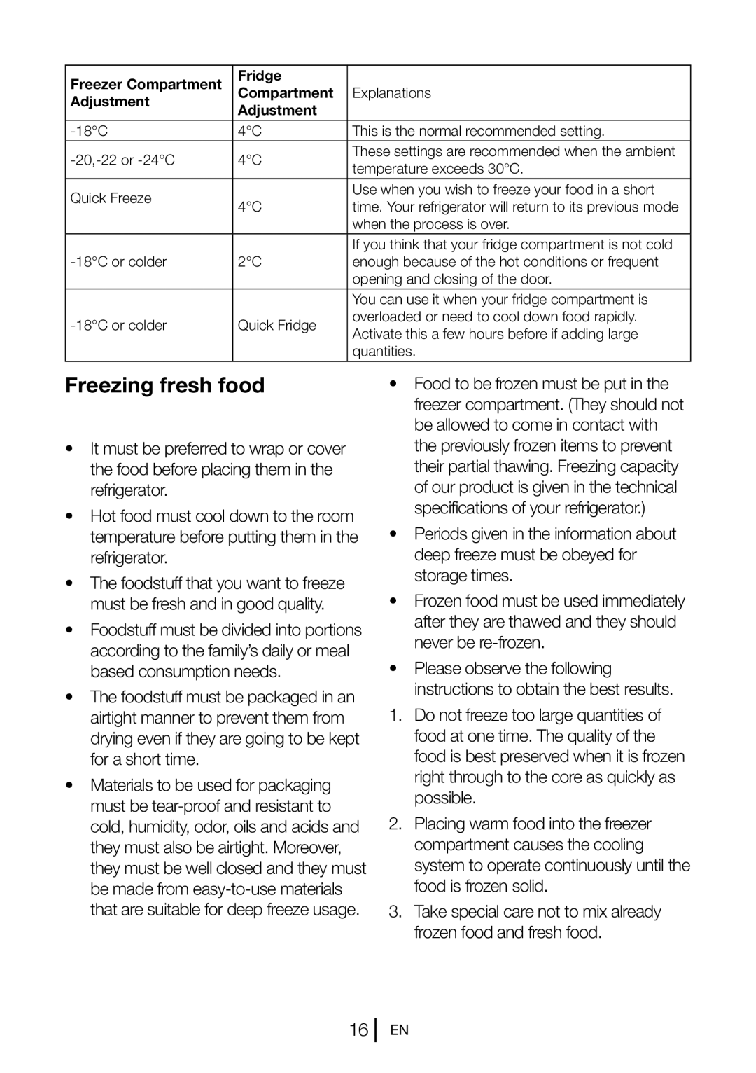 Beko GNEV021APW manual Freezing fresh food, Adjustment Compartment 