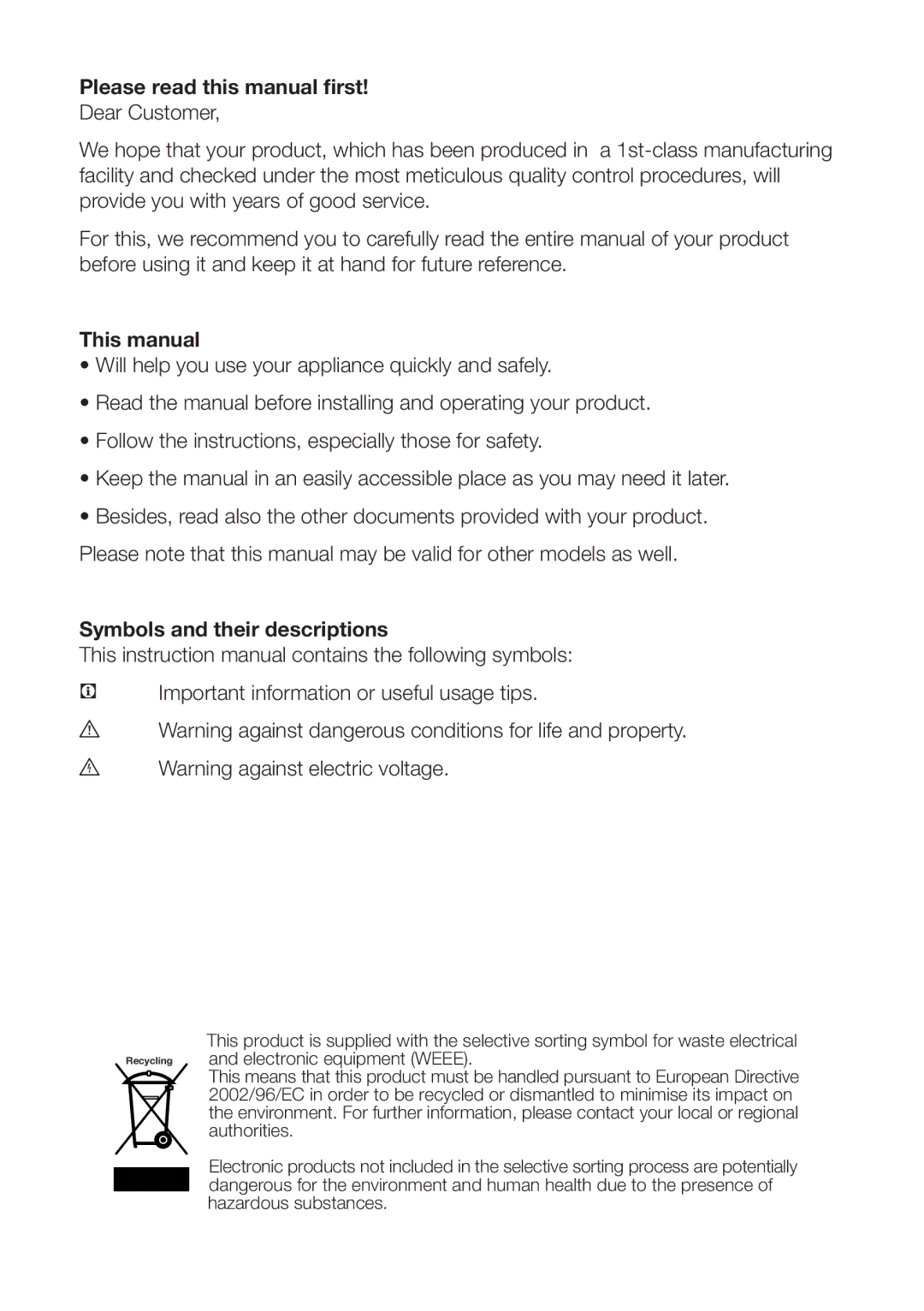 Beko GNEV021APW Please read this manual first, This manual, Symbols and their descriptions 