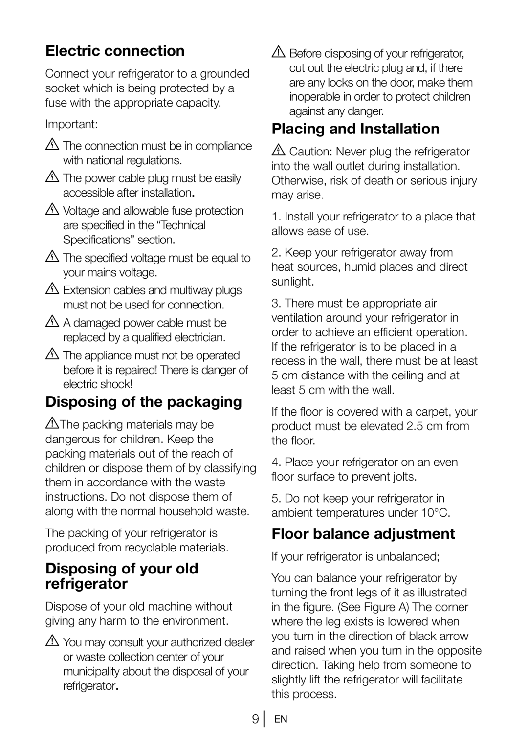 Beko GNEV021APW manual Electric connection, Disposing of the packaging, Disposing of your old refrigerator 