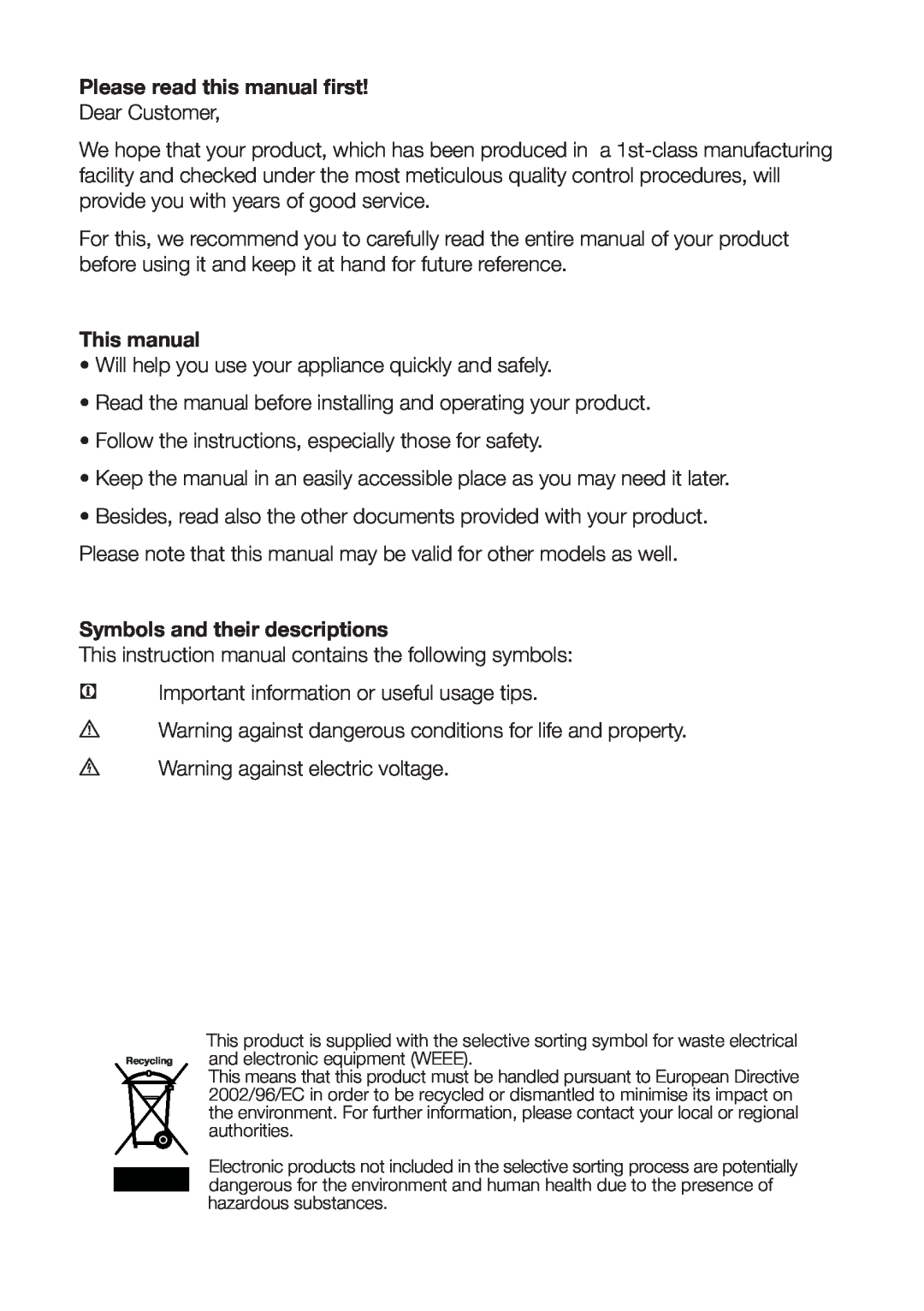 Beko GNEV021APW Please read this manual first, This manual, Symbols and their descriptions 