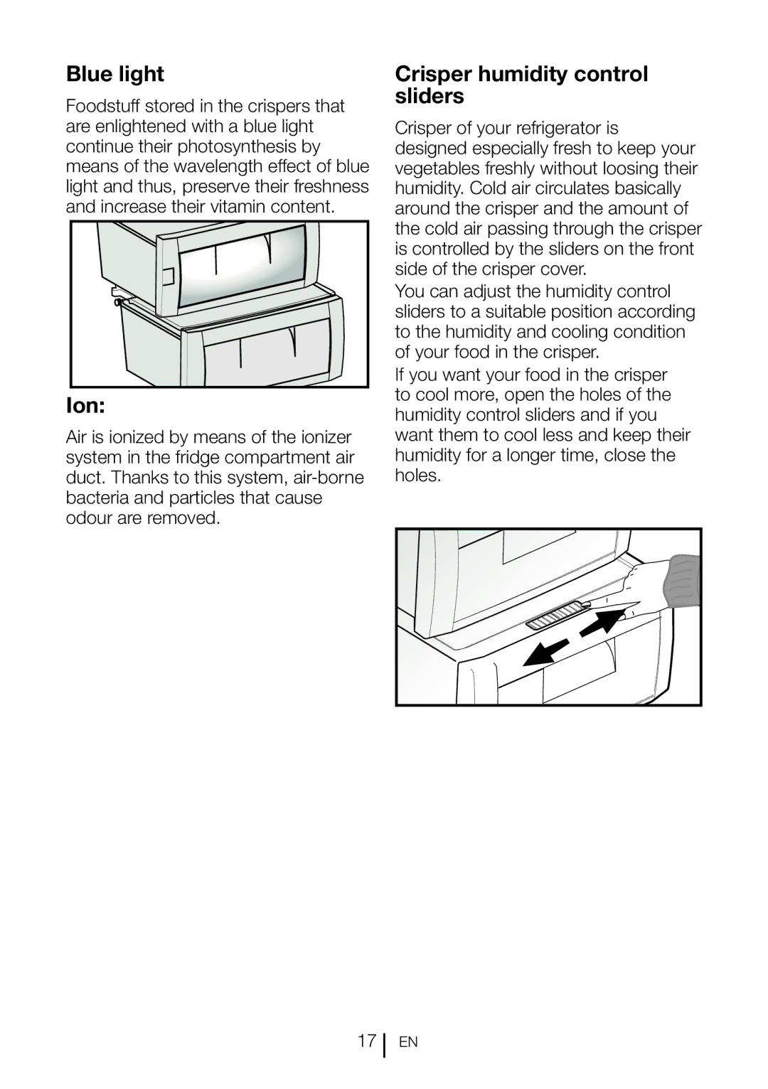 Beko GNEV120W manual Blue light, Crisper humidity control sliders 