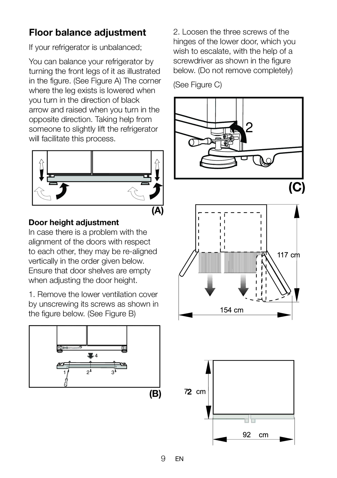 Beko GNEV220APS, GNEV220S, GNEV221APB, GL22APW, GL22APS manual Floor balance adjustment, Door height adjustment 