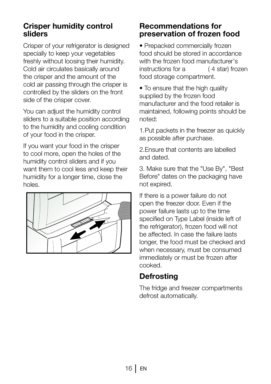 Beko GNEV221APB, GNEV220APS Crisper humidity control sliders, Recommendations for preservation of frozen food, Defrosting 