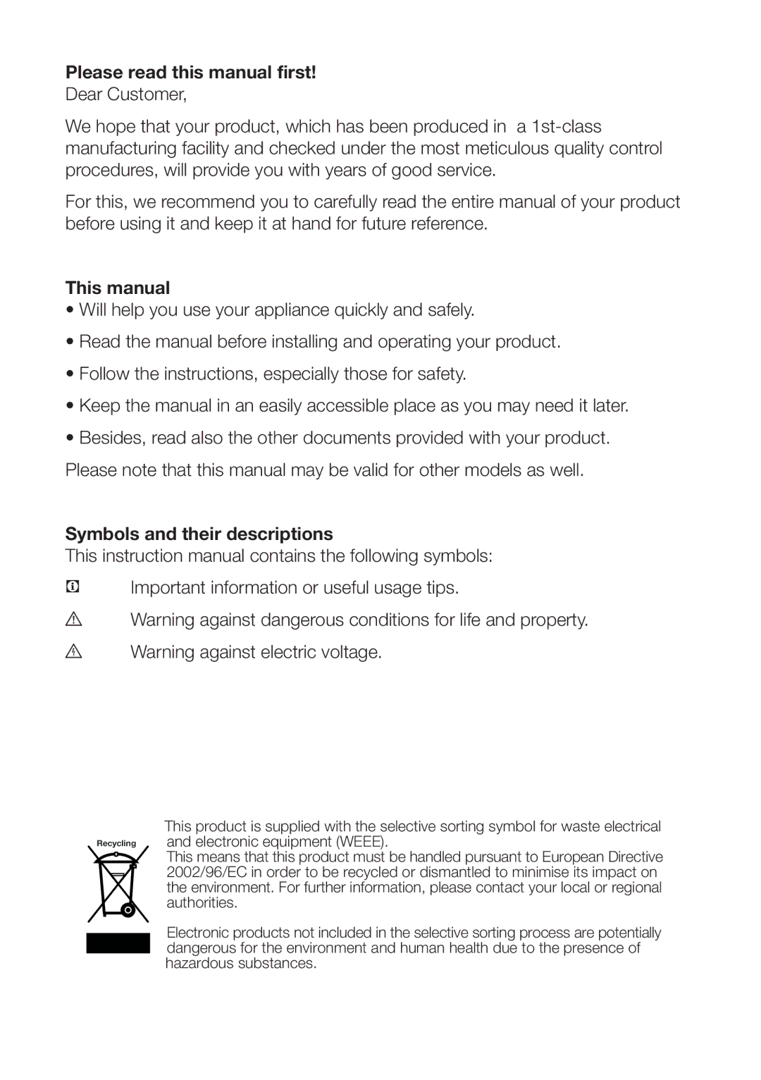 Beko GNEV221APB, GNEV220APS, GNEV220S, GL22APW Please read this manual first, This manual, Symbols and their descriptions 