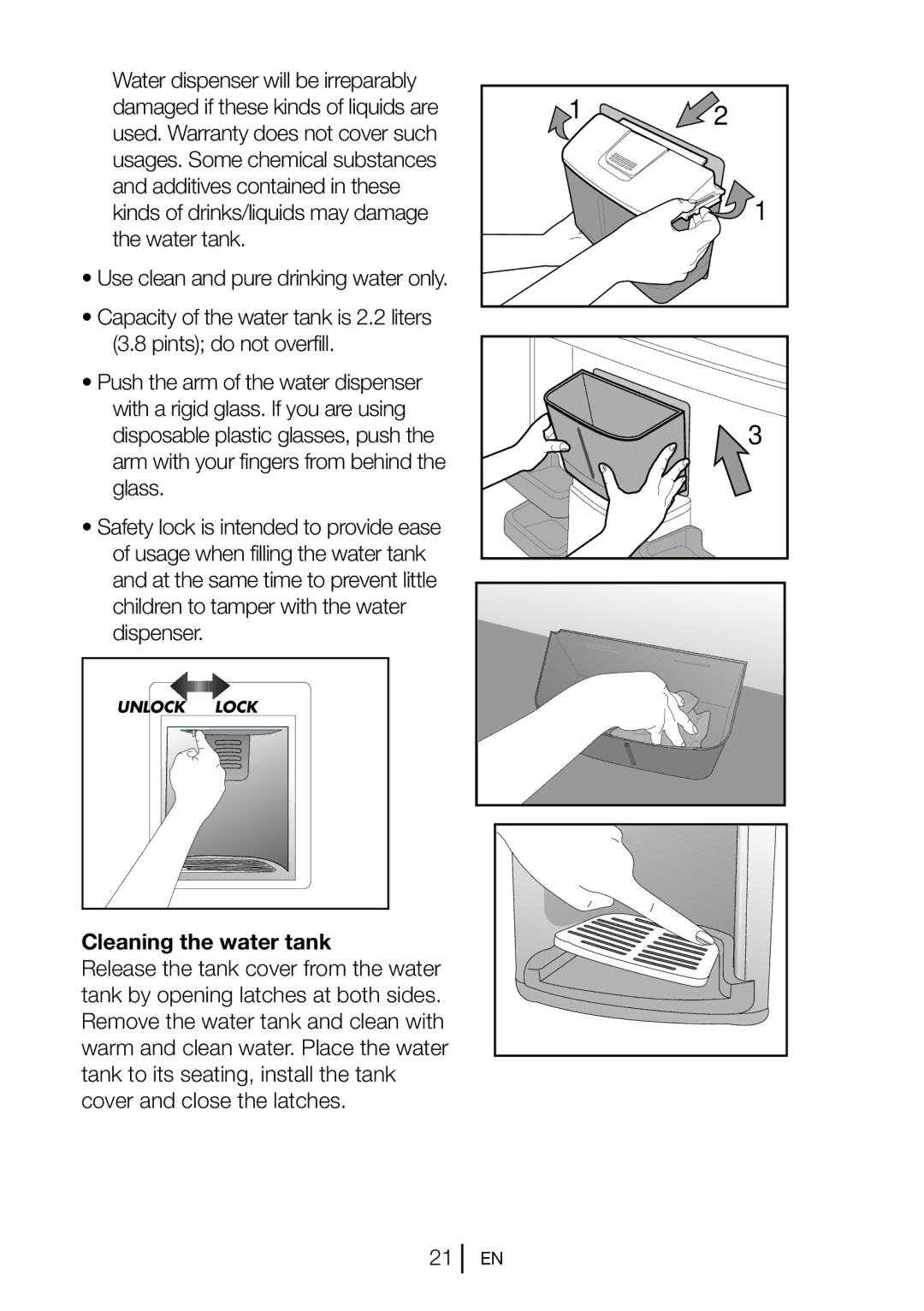 Beko GNEV221APB, GNEV220APS, GNEV220S, GL22APW, GL22APS manual Cleaning the water tank 