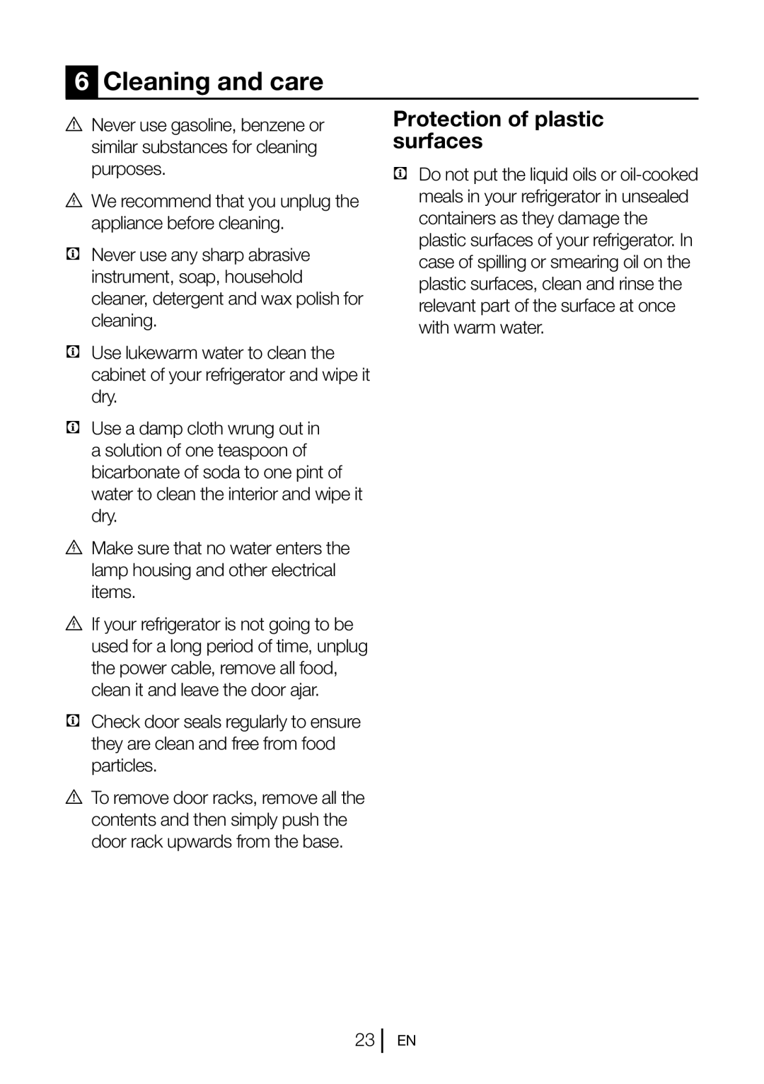 Beko GL22APS, GNEV220APS, GNEV220S, GNEV221APB, GL22APW manual Cleaning and care, Protection of plastic surfaces 