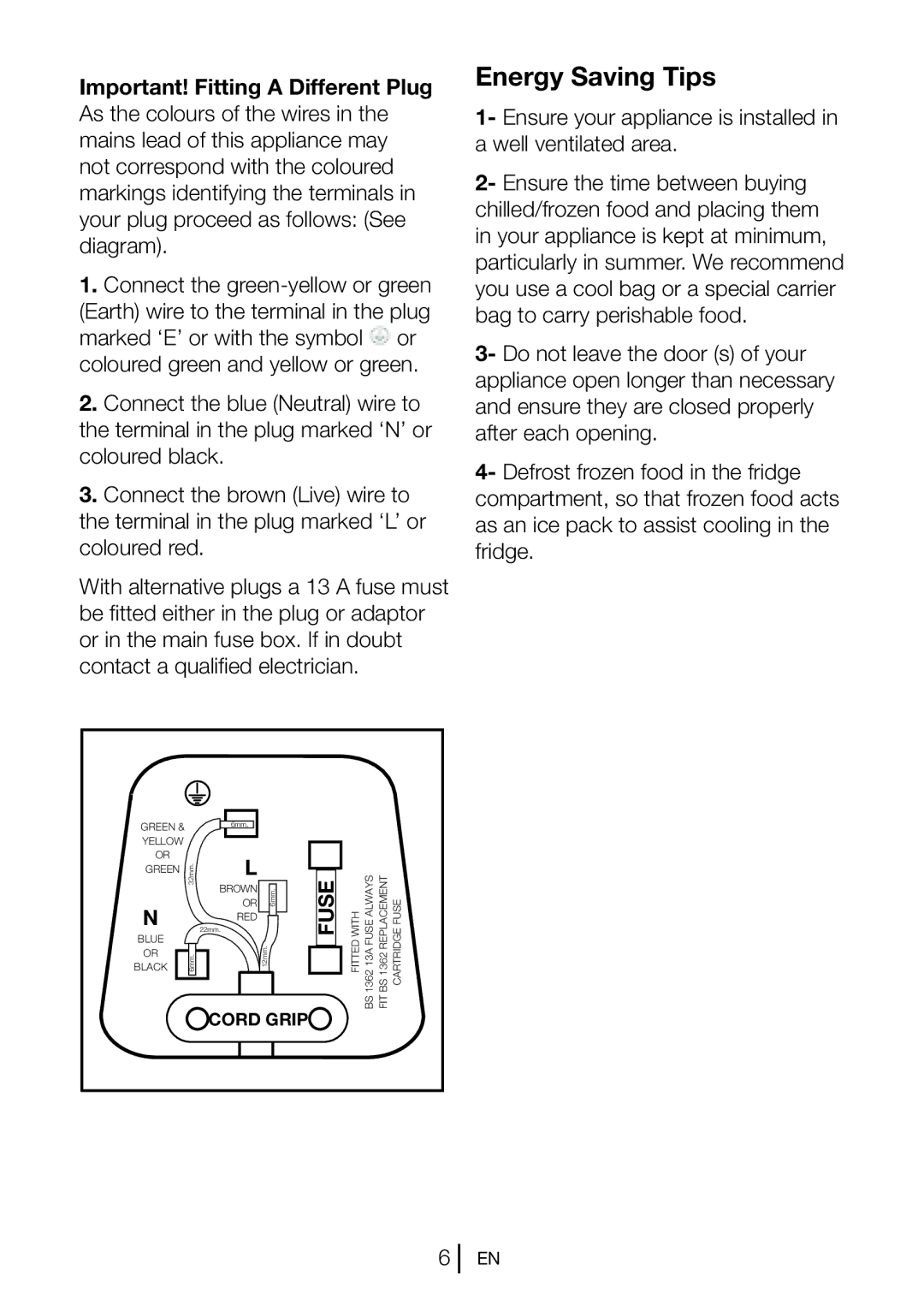 Beko GNEV221APB, GNEV220APS, GNEV220S, GL22APW, GL22APS manual Energy Saving Tips, Connect the green-yellow or green 