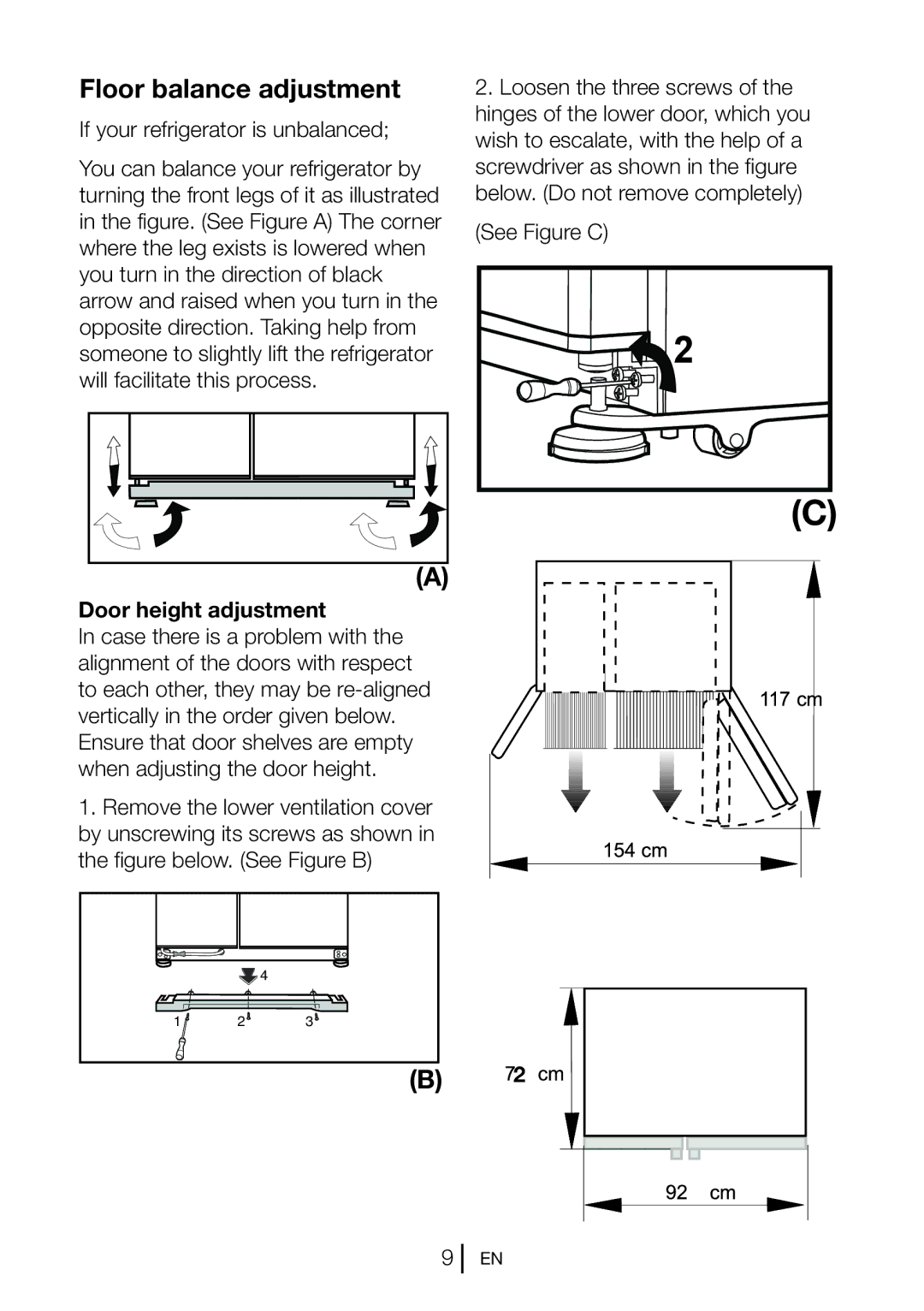 Beko GNEV220S manual Floor balance adjustment, Door height adjustment 