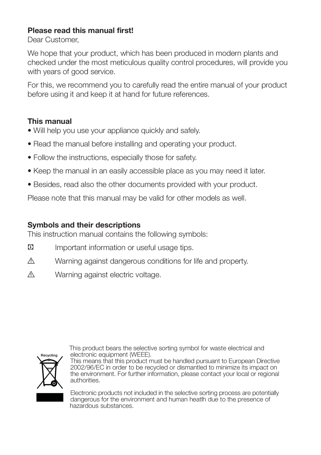 Beko GNEV220S Please read this manual first, This manual, Symbols and their descriptions 