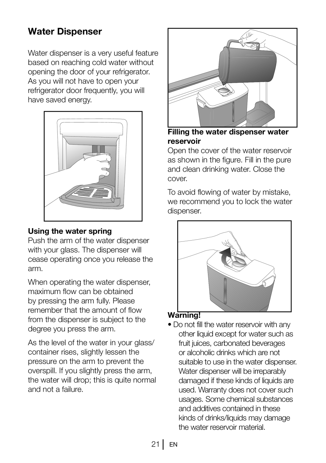 Beko GNEV220S manual Water Dispenser, Using the water spring, Filling the water dispenser water reservoir 