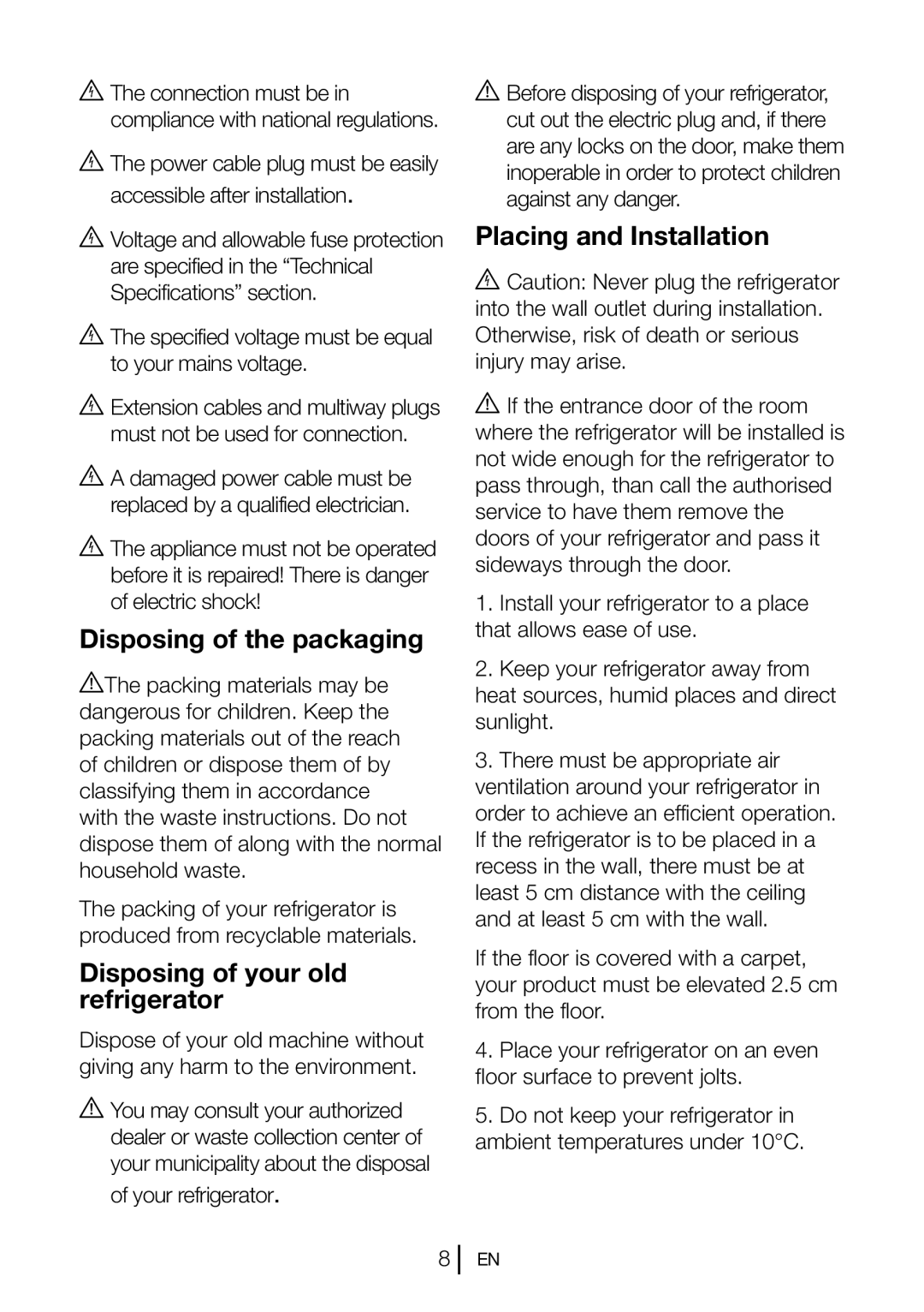 Beko GNEV220S manual Disposing of the packaging, Disposing of your old refrigerator, Placing and Installation 