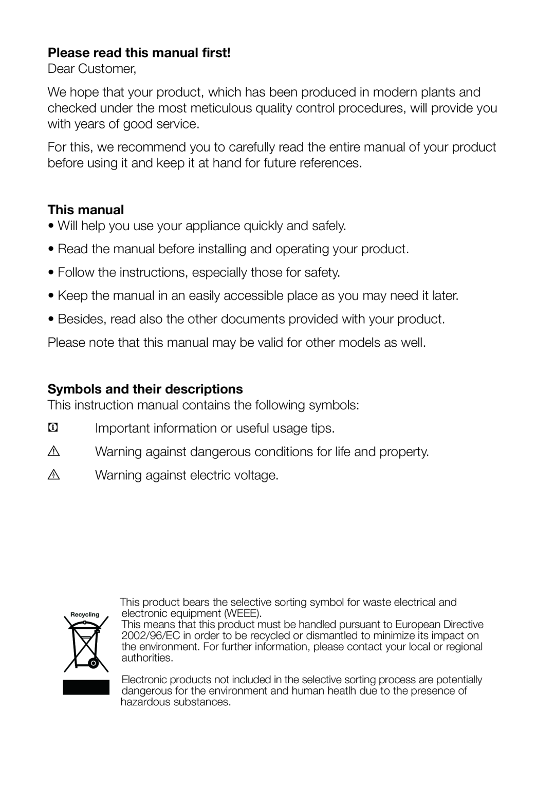 Beko GNEV220S Please read this manual first, This manual, Symbols and their descriptions 