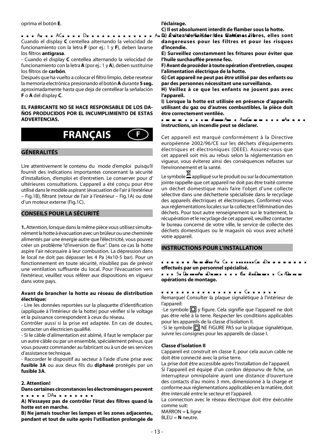 Beko HBG70X manual Français F, Géneralités, Conseils Pour LA Sécurité, Instructions Pour L’INSTALLATION 