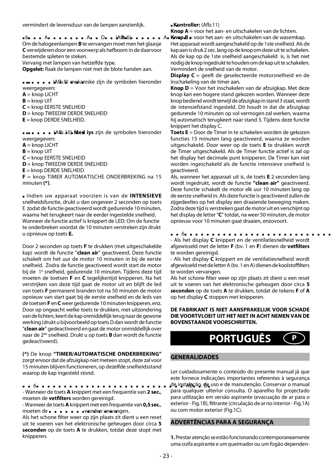 Beko HBG70X manual Português P, Advertências Para a Segurança, Vervanging van de halogeenlampen Afb.6, Kontroller Afb.11 