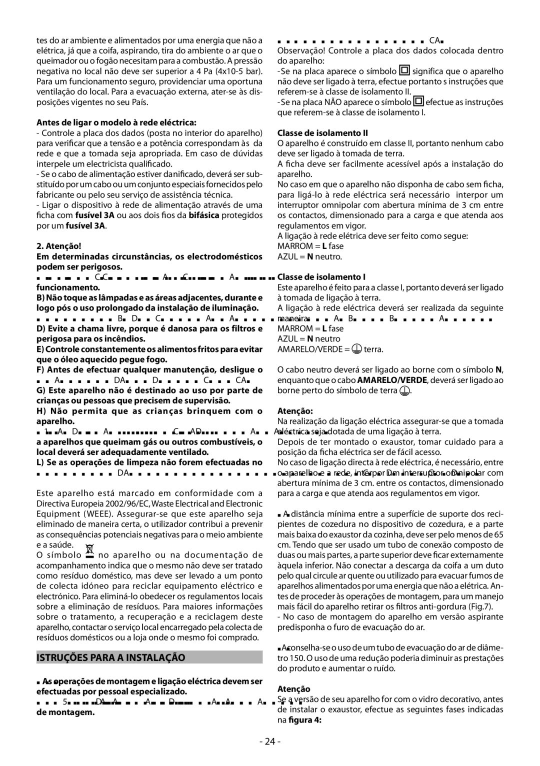 Beko HBG70X manual Istruções Para a Instalação, Antes de ligar o modelo à rede eléctrica, Classe de isolamento, Atenção 