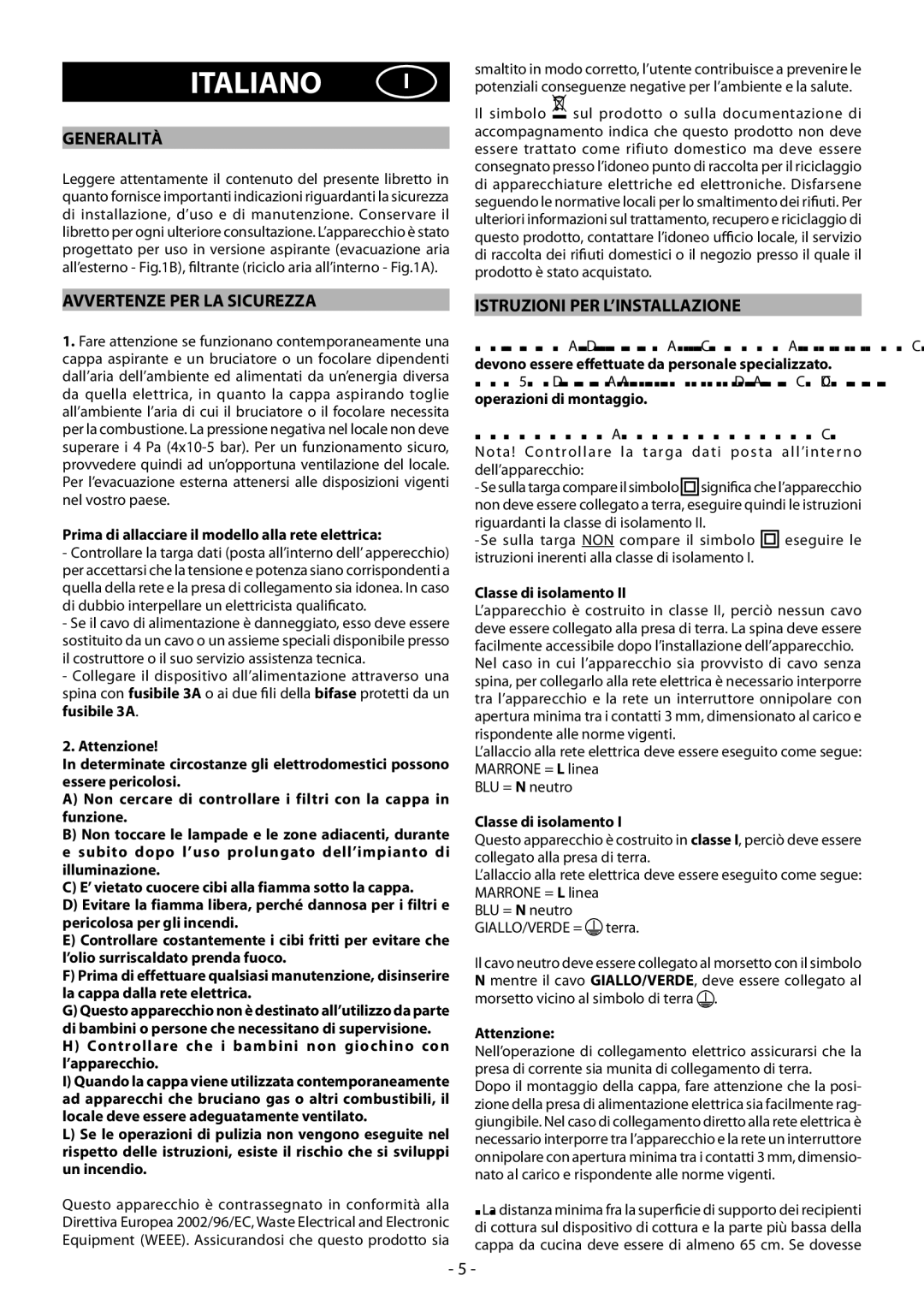 Beko HBG70X manual Italiano, Generalità, Avvertenze PER LA Sicurezza, Istruzioni PER L’INSTALLAZIONE 