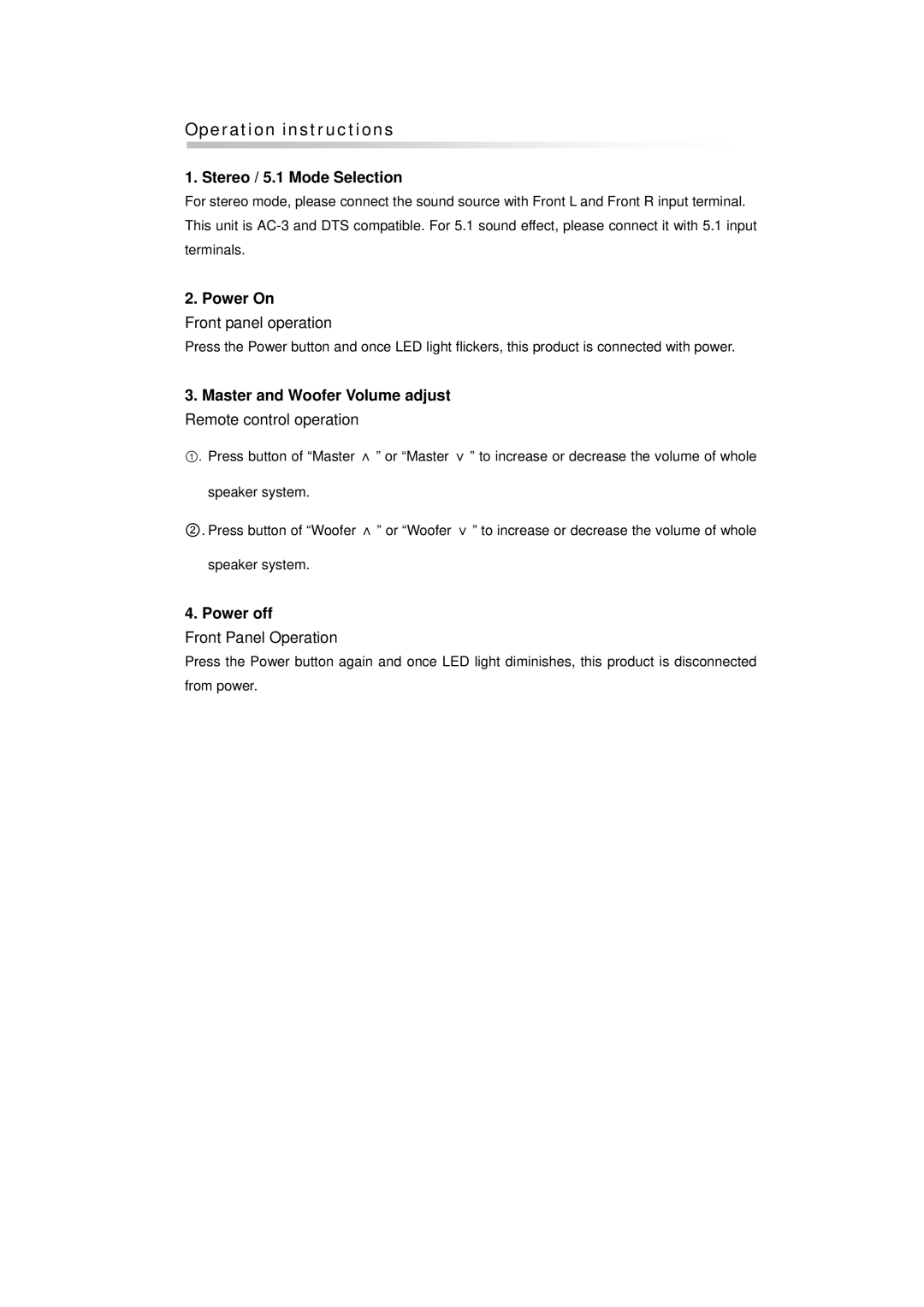 Beko HPS-100 manual Operation instructions, Stereo / 5.1 Mode Selection 