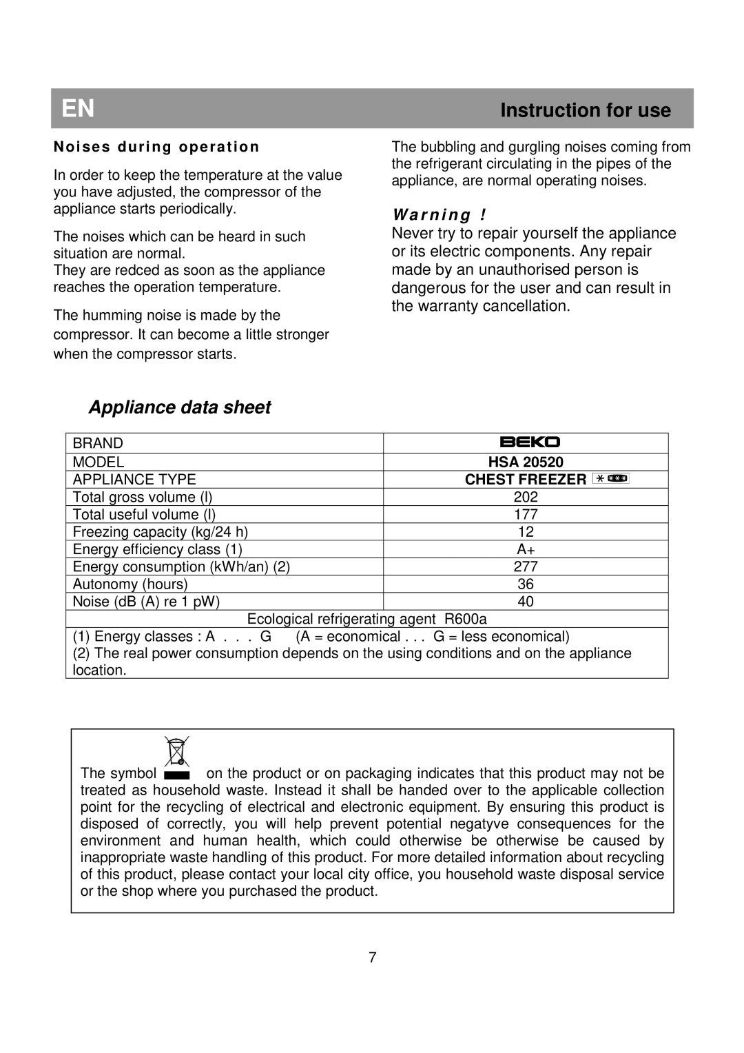 Beko HSA 20520 manual Appliance data sheet, I s e s d u ri n g o p e r a t i o n 