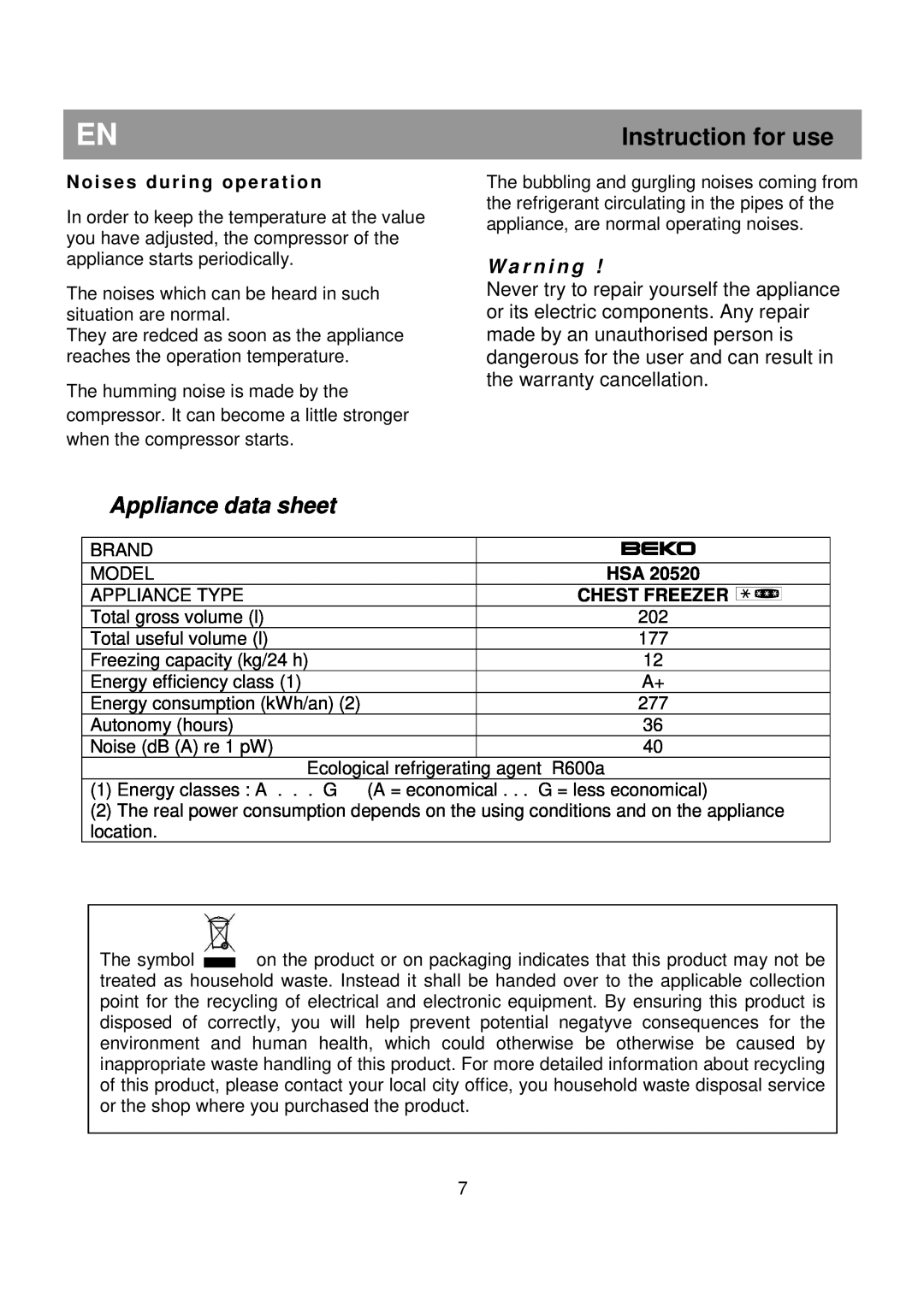 Beko HSA 20520 manual Appliance data sheet, Instruction for use, W a r n i n g 