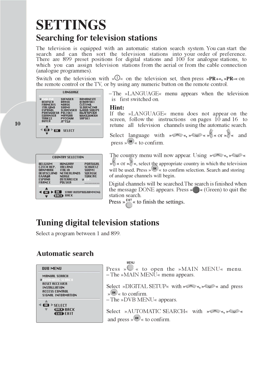 Beko Colour Televisions Settings, Searching for television stations, Tuning digital television stations, Hint 