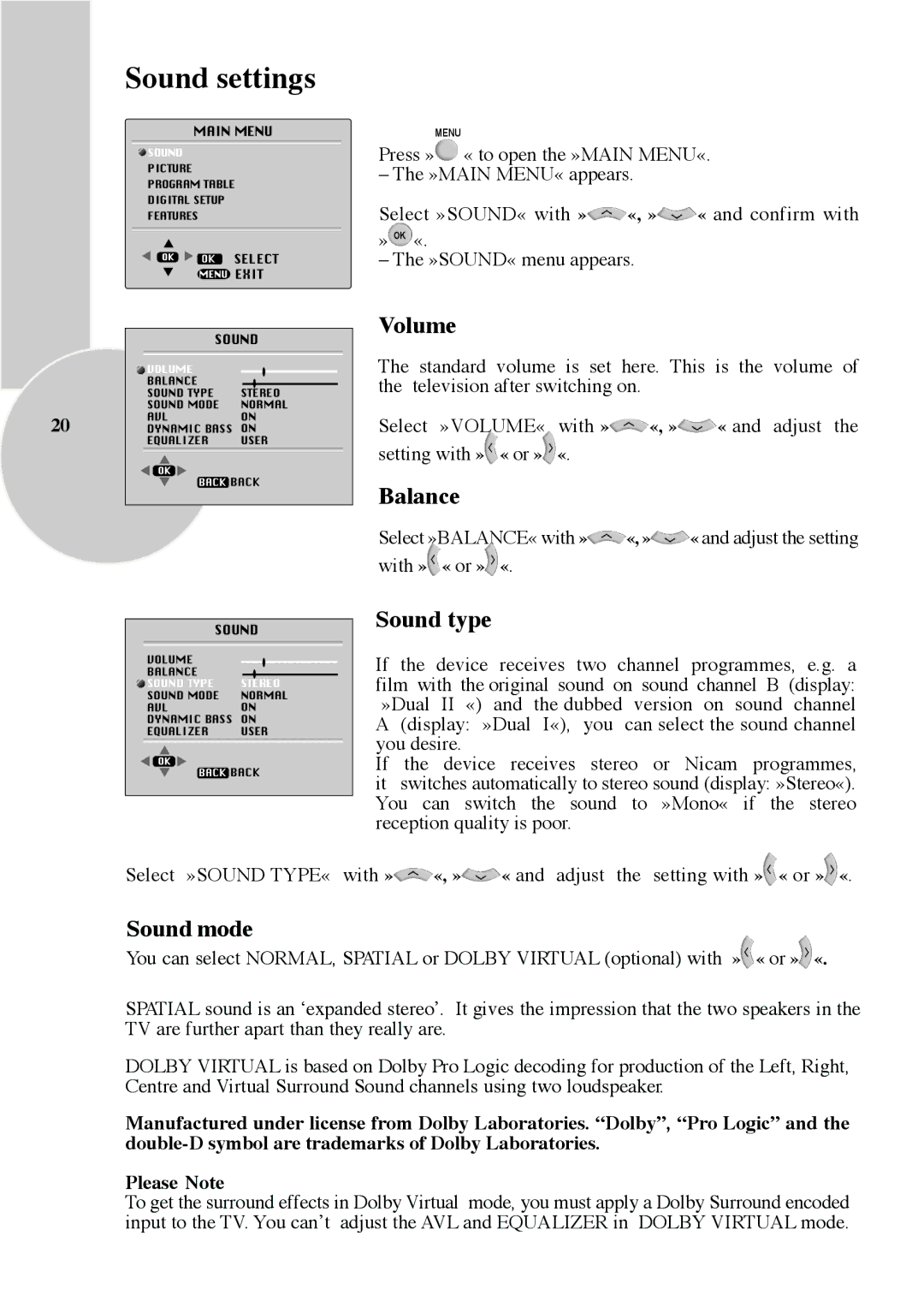 Beko Colour Televisions, IDTV 28C723IDW operating instructions Sound settings 