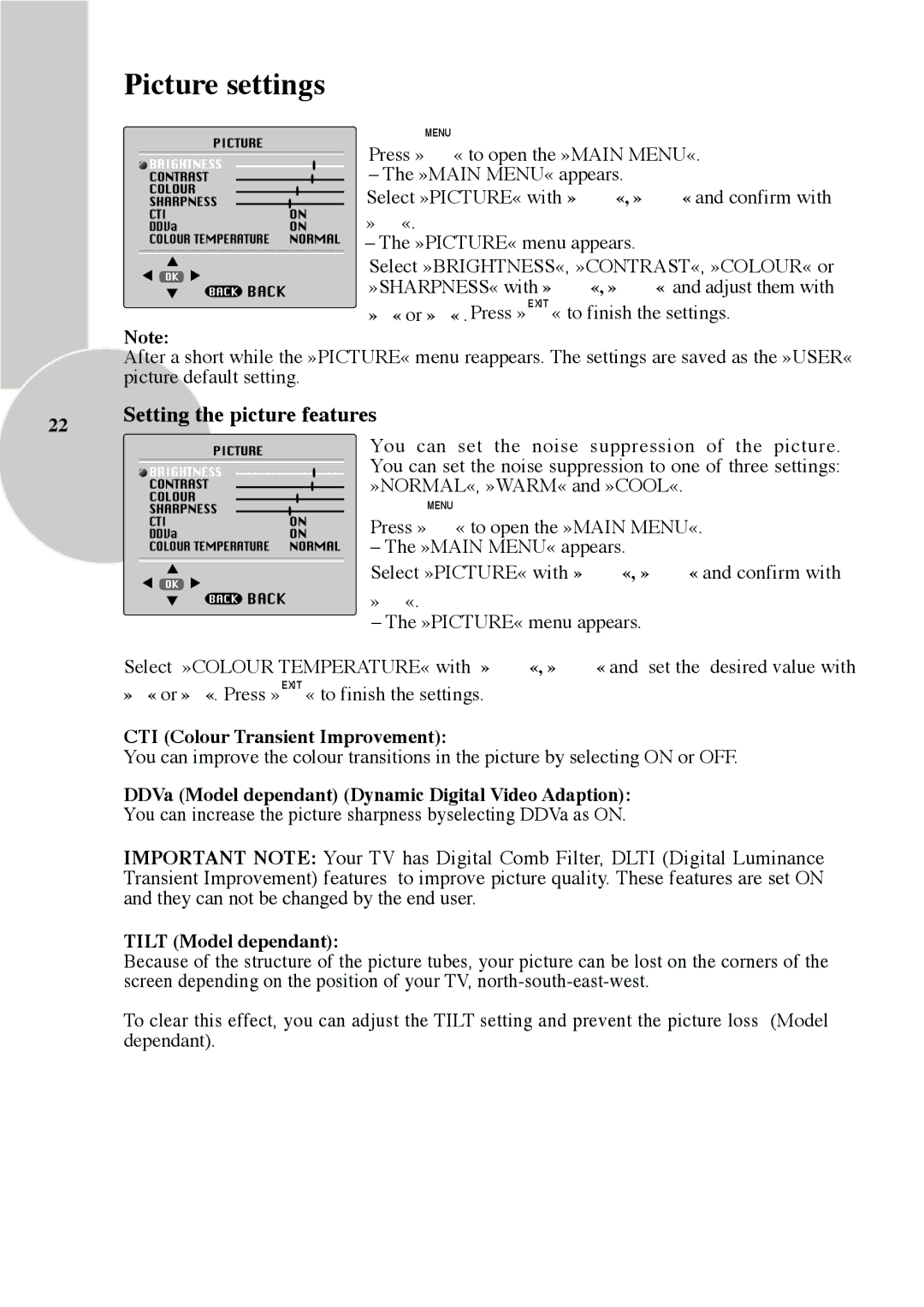 Beko Colour Televisions, IDTV 28C723IDW Picture settings, Setting the picture features, CTI Colour Transient Improvement 