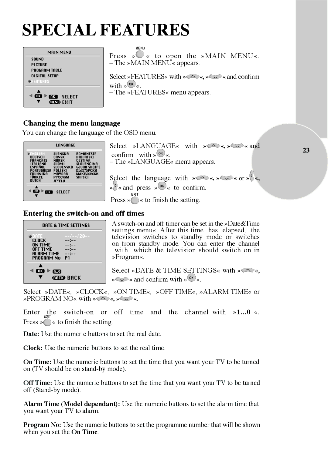 Beko IDTV 28C723IDW, Colour Televisions Special Features, Changing the menu language, Entering the switch-on and off times 