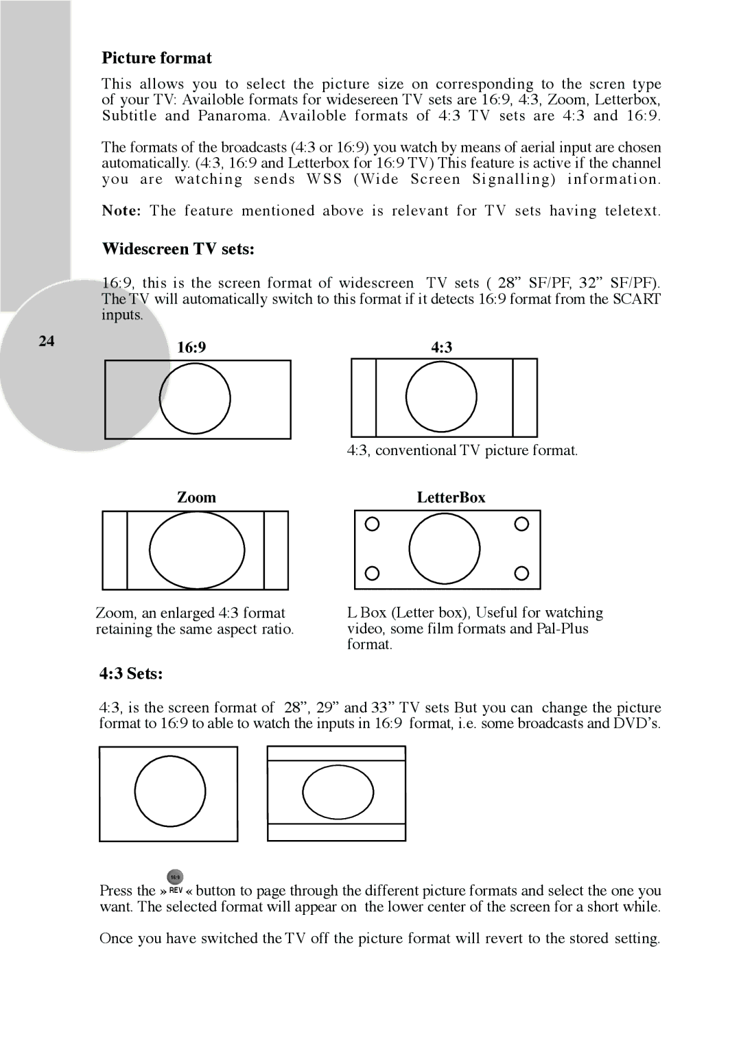 Beko Colour Televisions, IDTV 28C723IDW operating instructions Picture format, Widescreen TV sets, Sets, 169, Zoom LetterBox 