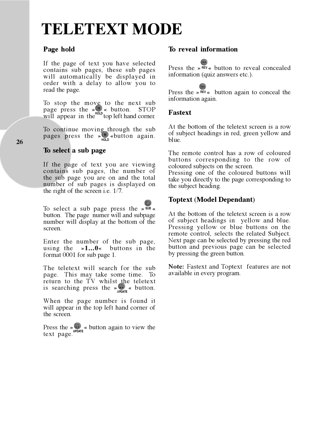 Beko Colour Televisions, IDTV 28C723IDW Hold To reveal information, Fastext, To select a sub, Toptext Model Dependant 